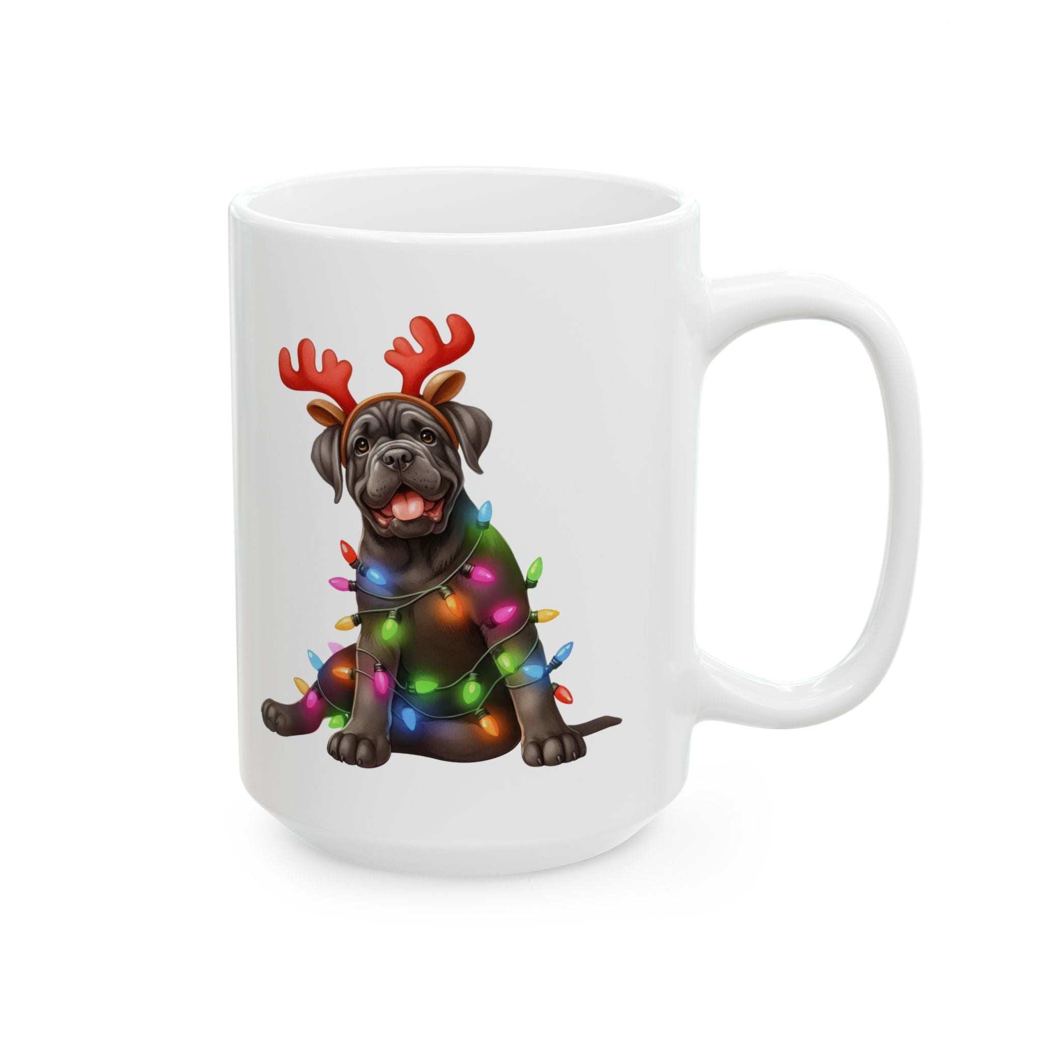 White ceramic mug featuring a Cane Corso puppy wearing reindeer antlers and Christmas lights.