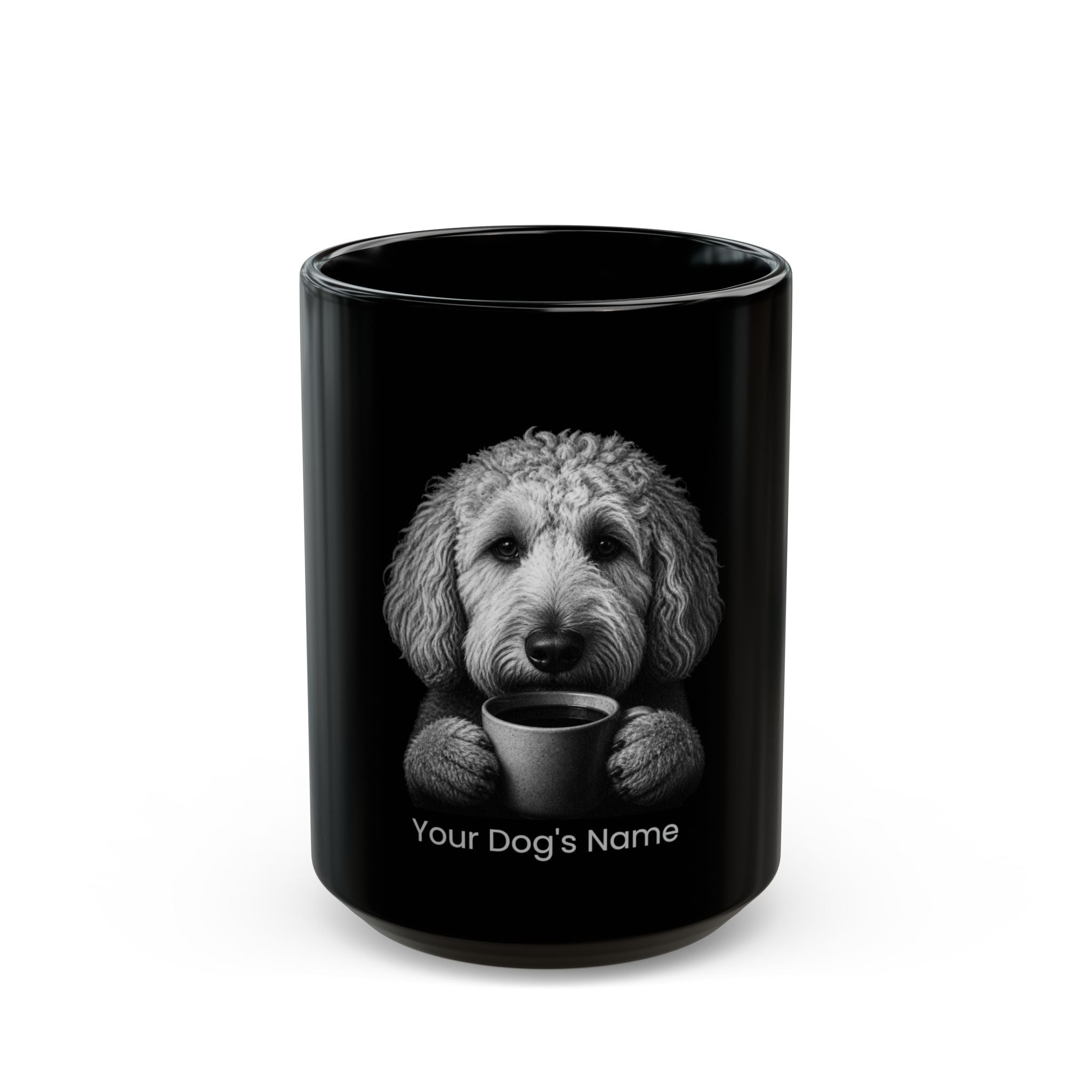 Personalized Goldendoodle black ceramic coffee mug with custom dog name