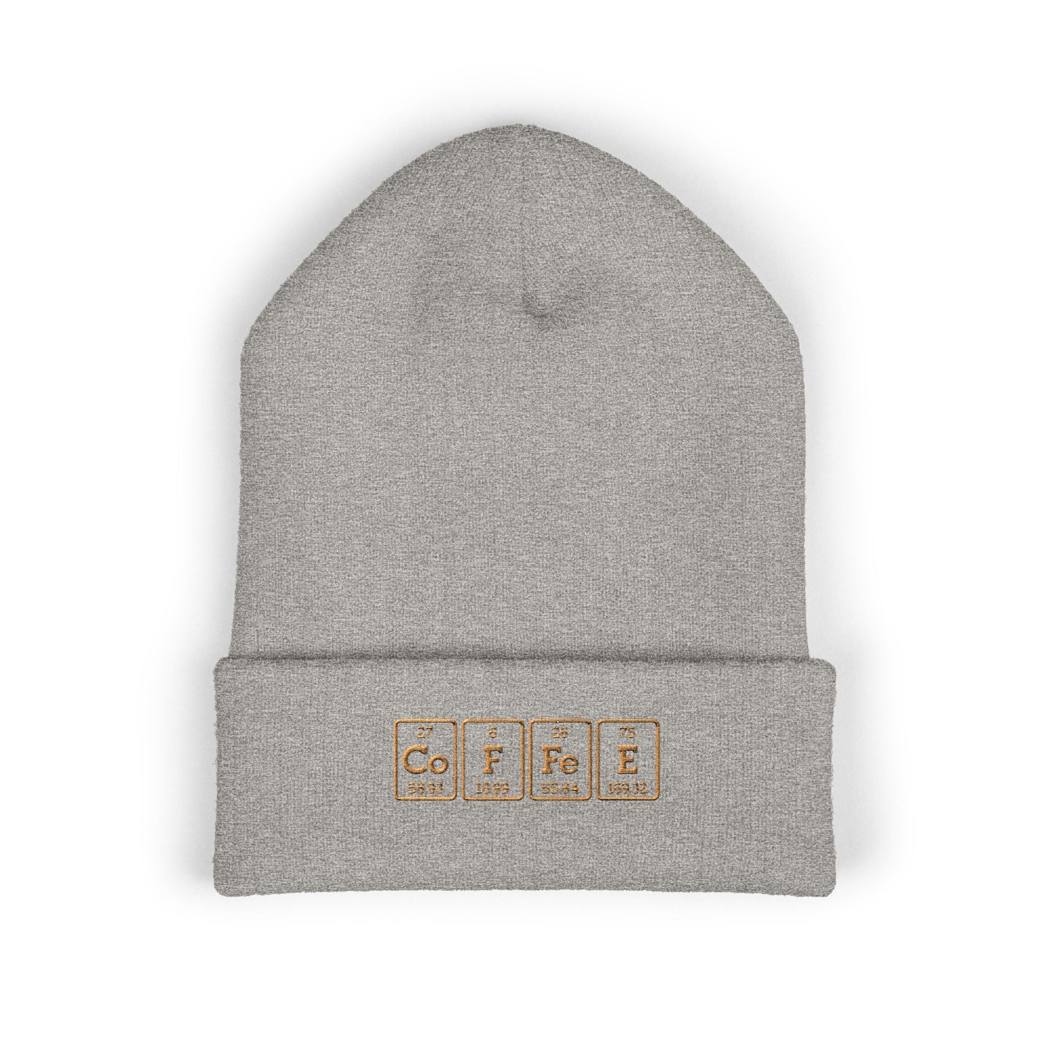 A grey cuffed beanie with "COFFEE" spelled out using periodic table elements embroidered on the front.