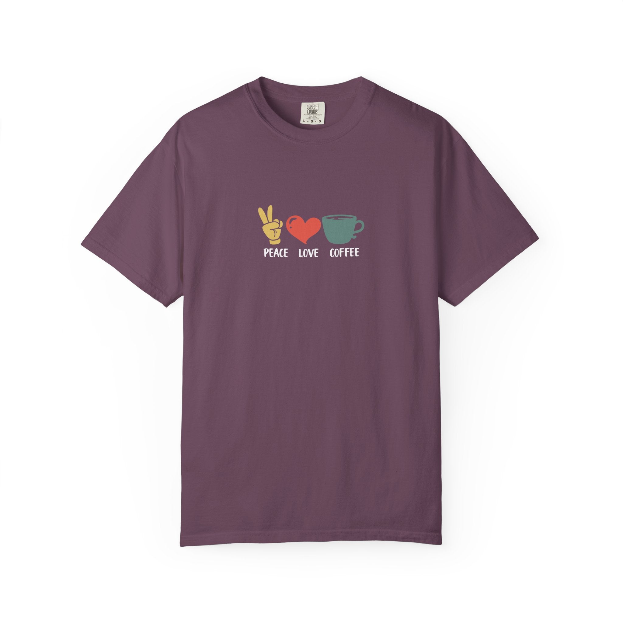 A dark purple heavyweight cotton t-shirt featuring a peace sign, heart, and coffee cup graphic.