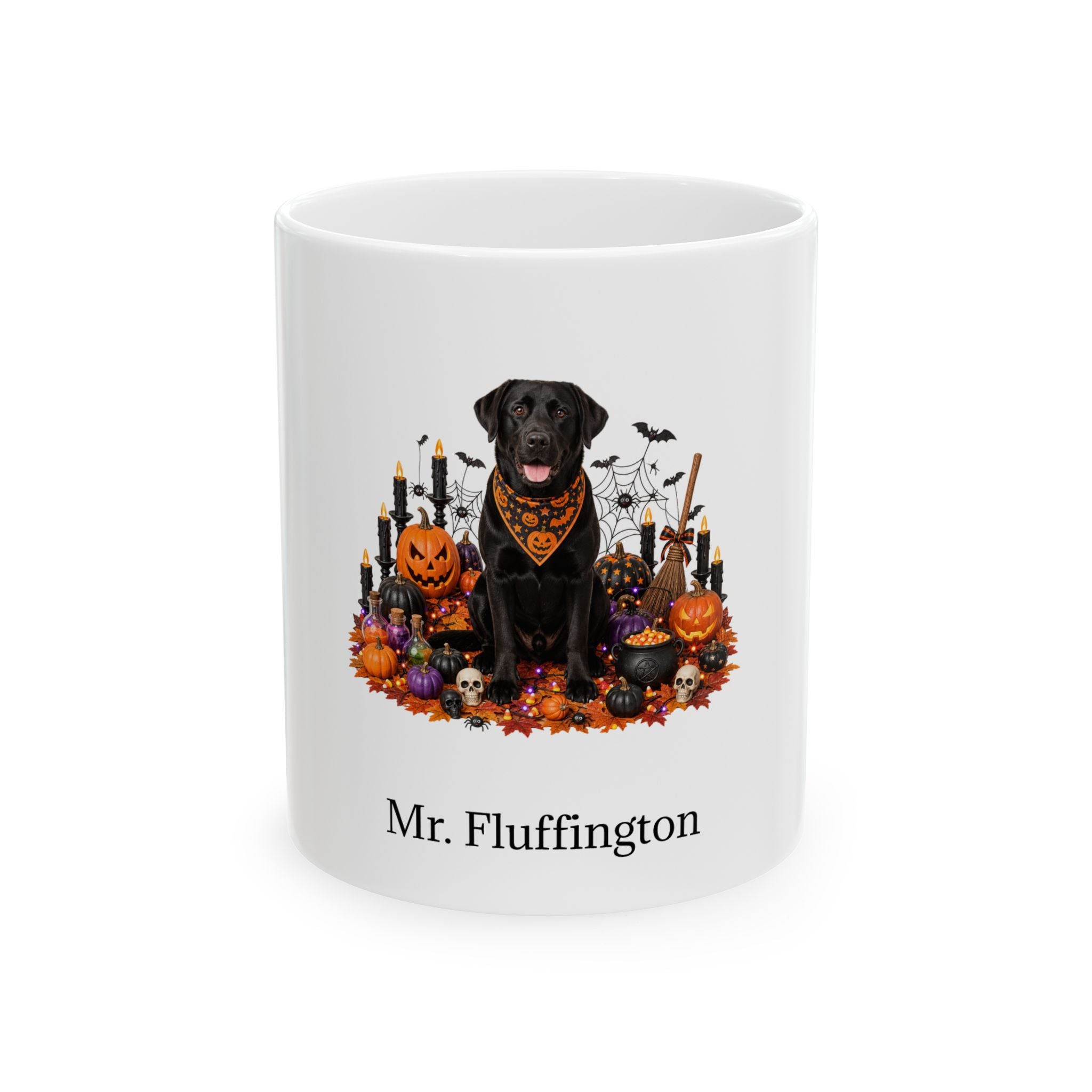 Personalized Labrador Retriever dog Halloween mug, 11oz white ceramic, with custom pet name on front