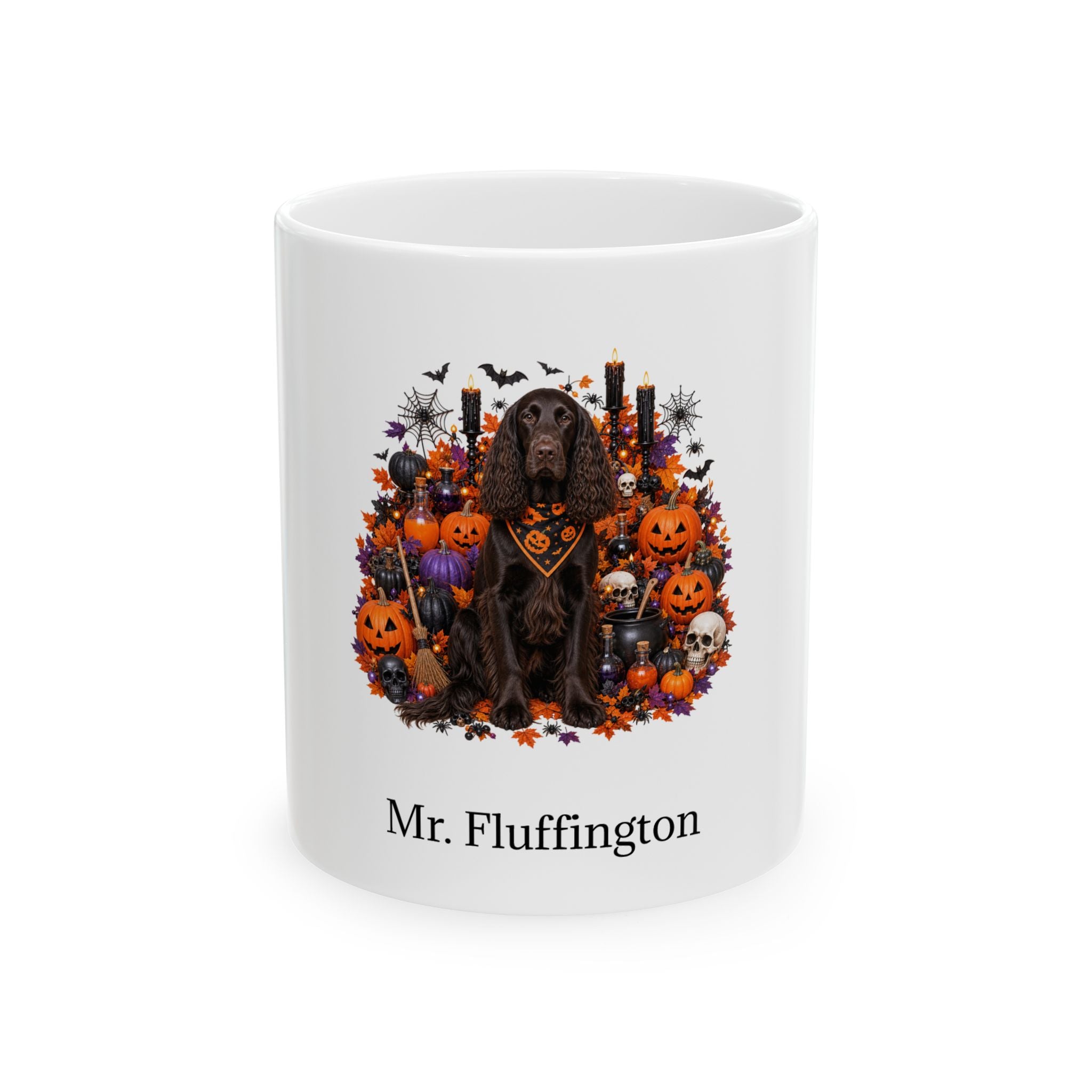 Personalized Field Spaniel dog Halloween mug, 11oz white ceramic, with custom pet name on front