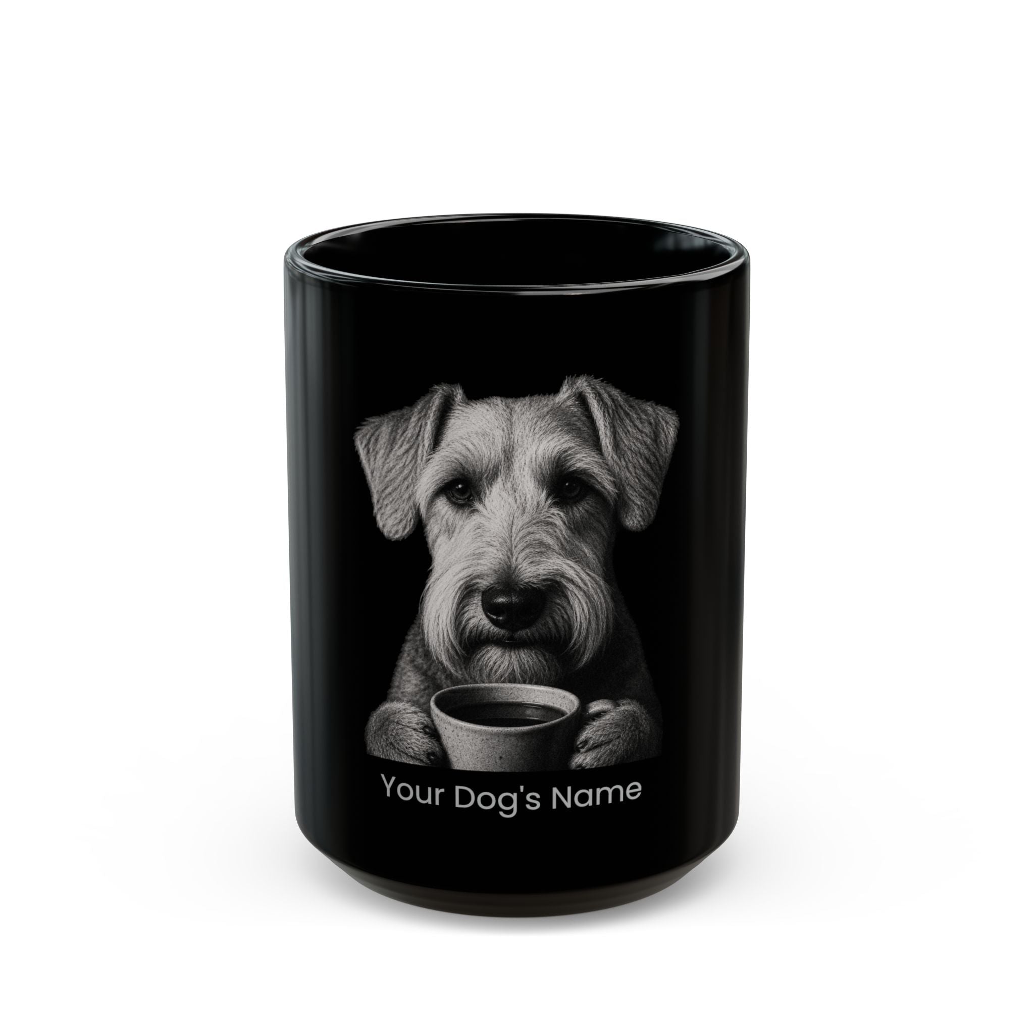 Personalized Sealyham Terrier black ceramic coffee mug with custom dog name