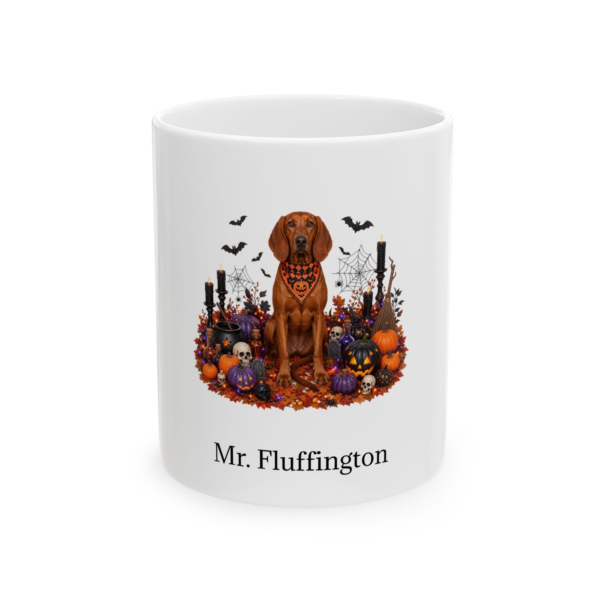 Personalized Redbone Coonhound dog Halloween mug, 11oz white ceramic, with custom pet name on front