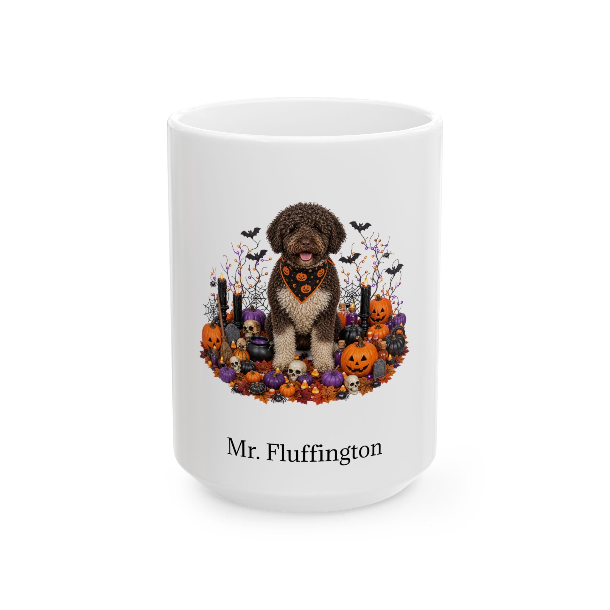Personalized Spanish Water dog Halloween mug, 15oz white ceramic, with custom pet name on front