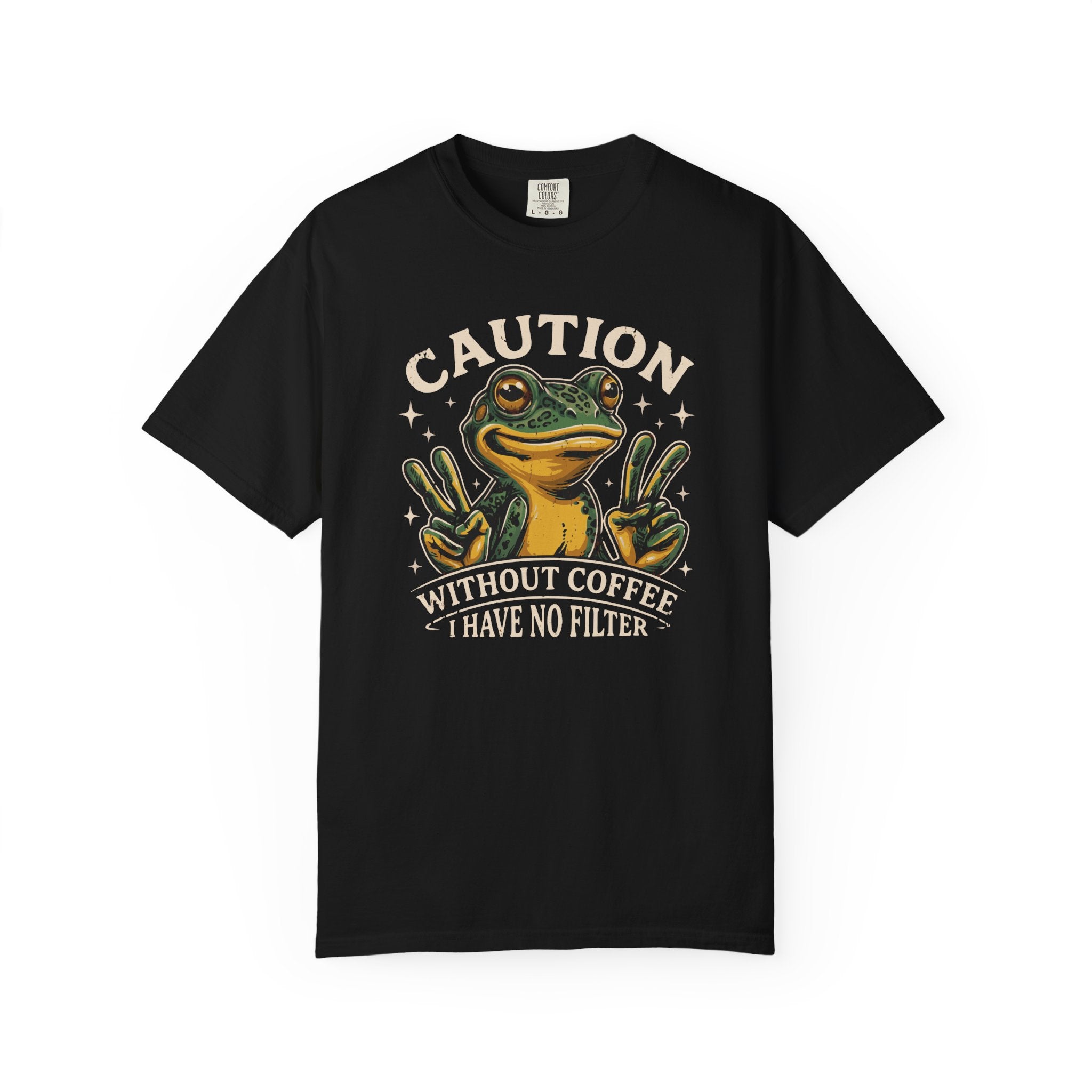 Black t-shirt with a graphic of a frog making peace signs and the text Caution Without Coffee.