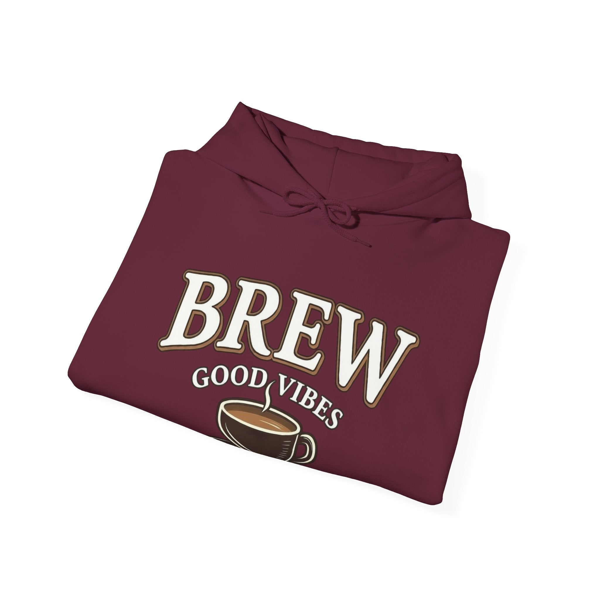 Maroon hoodie with "Brew Good Vibes" and a coffee cup graphic.
