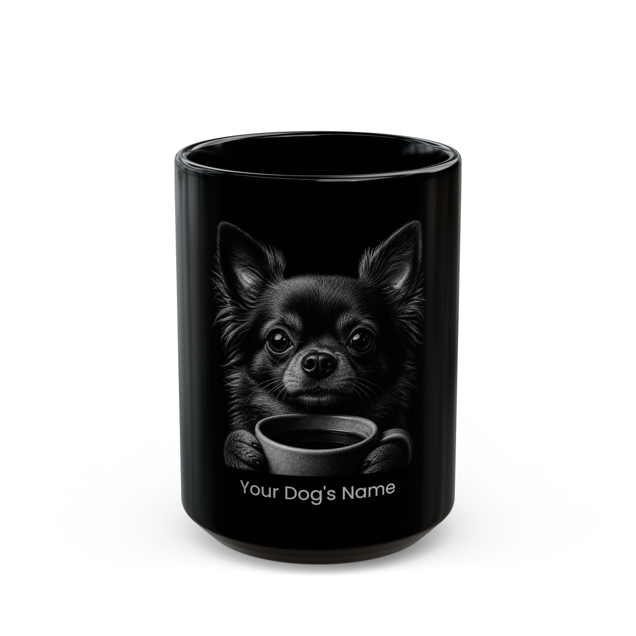 Personalized Chihuahuas Long Hair black ceramic coffee mug with custom dog name