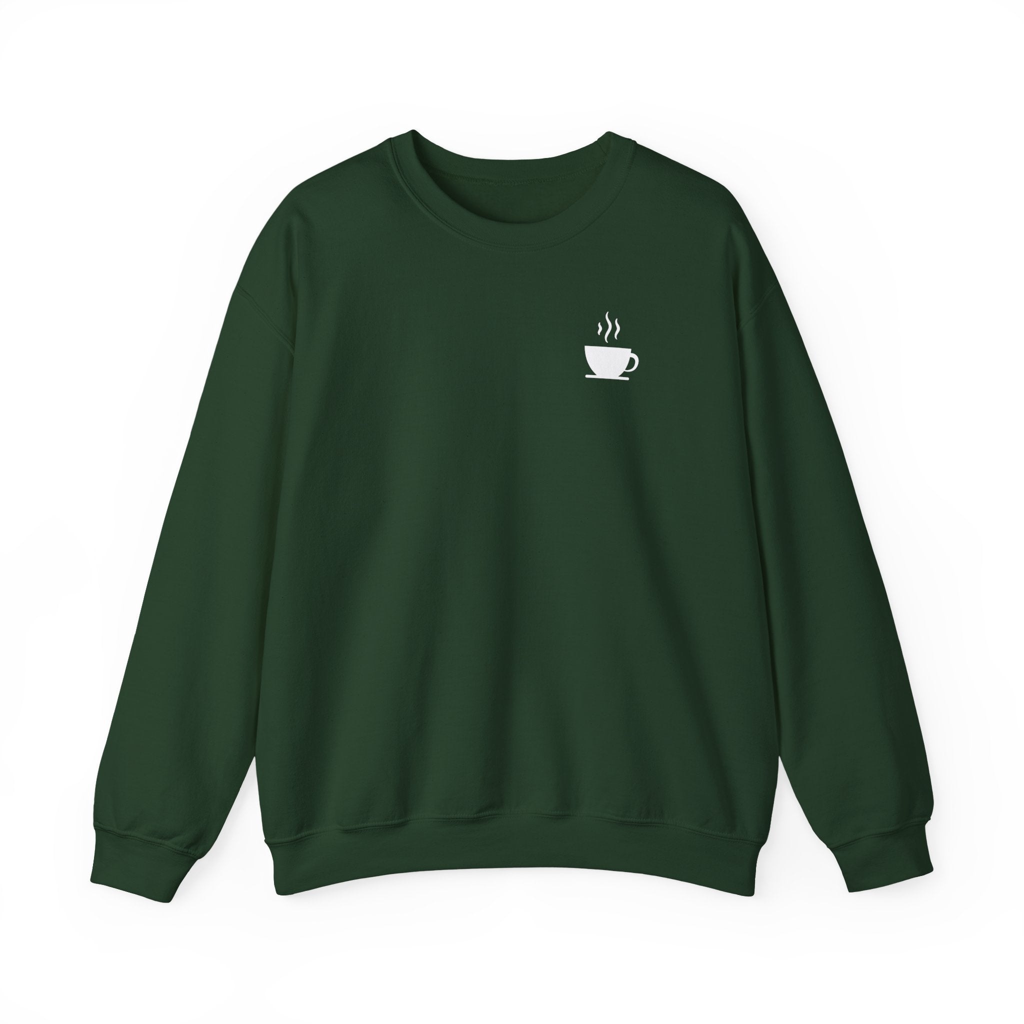 A dark green crewneck sweatshirt featuring a small white steaming coffee cup icon on the chest.