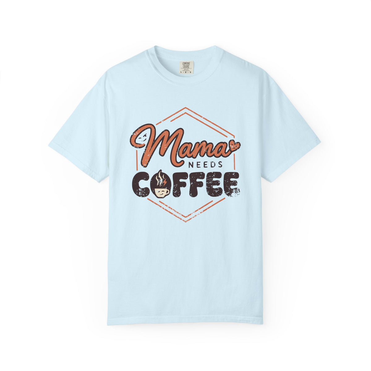 Front view of Chambray Comfort Colors T-shirt with distressed Mama Needs Coffee artwork.