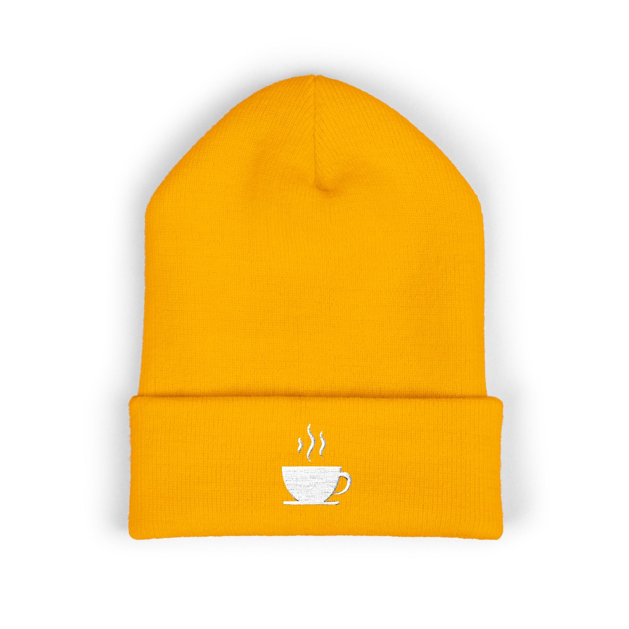 Embroidered coffee cup cuffed beanie in yellow.