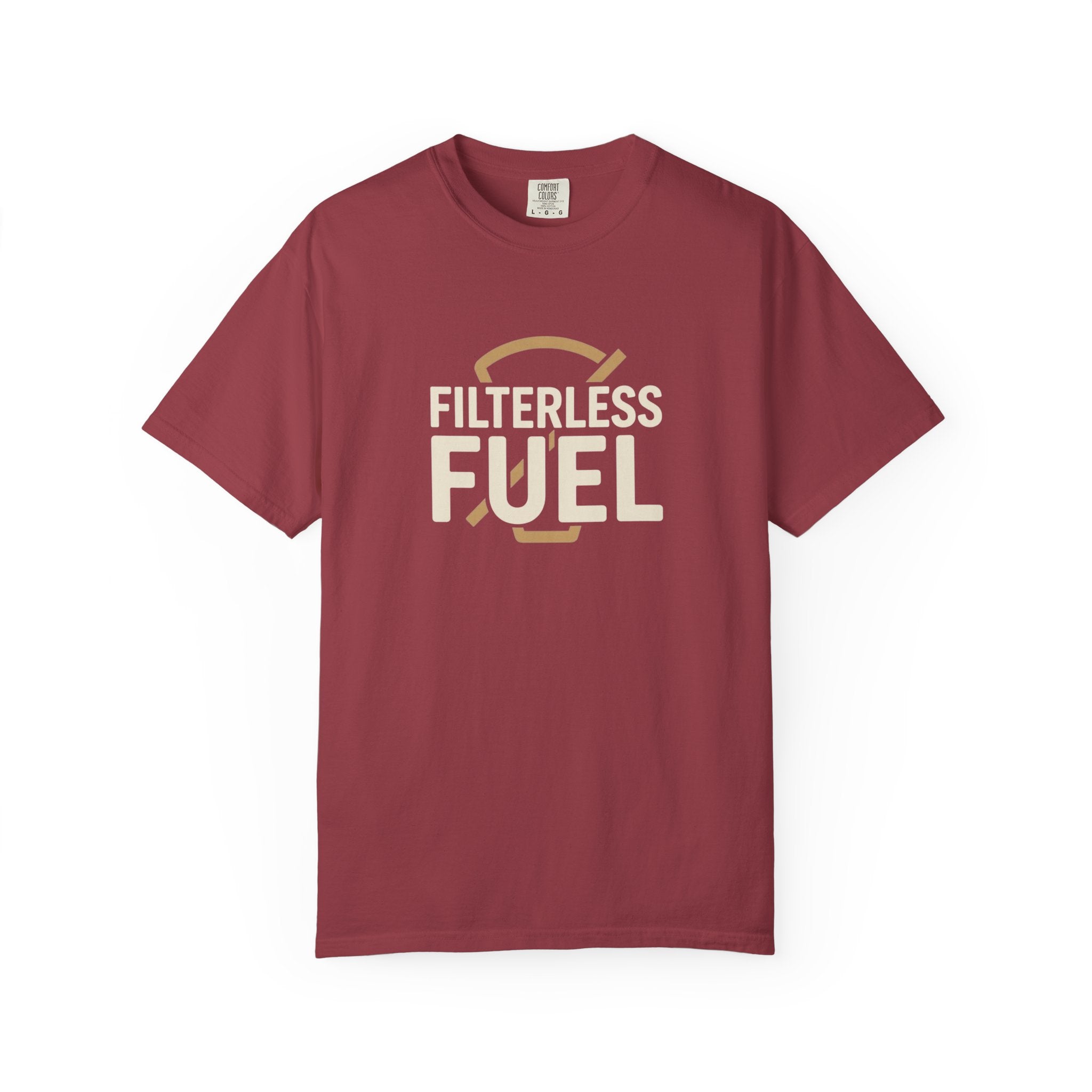 A maroon unisex cotton t-shirt featuring the text Filterless Fuel in a retro graphic design.