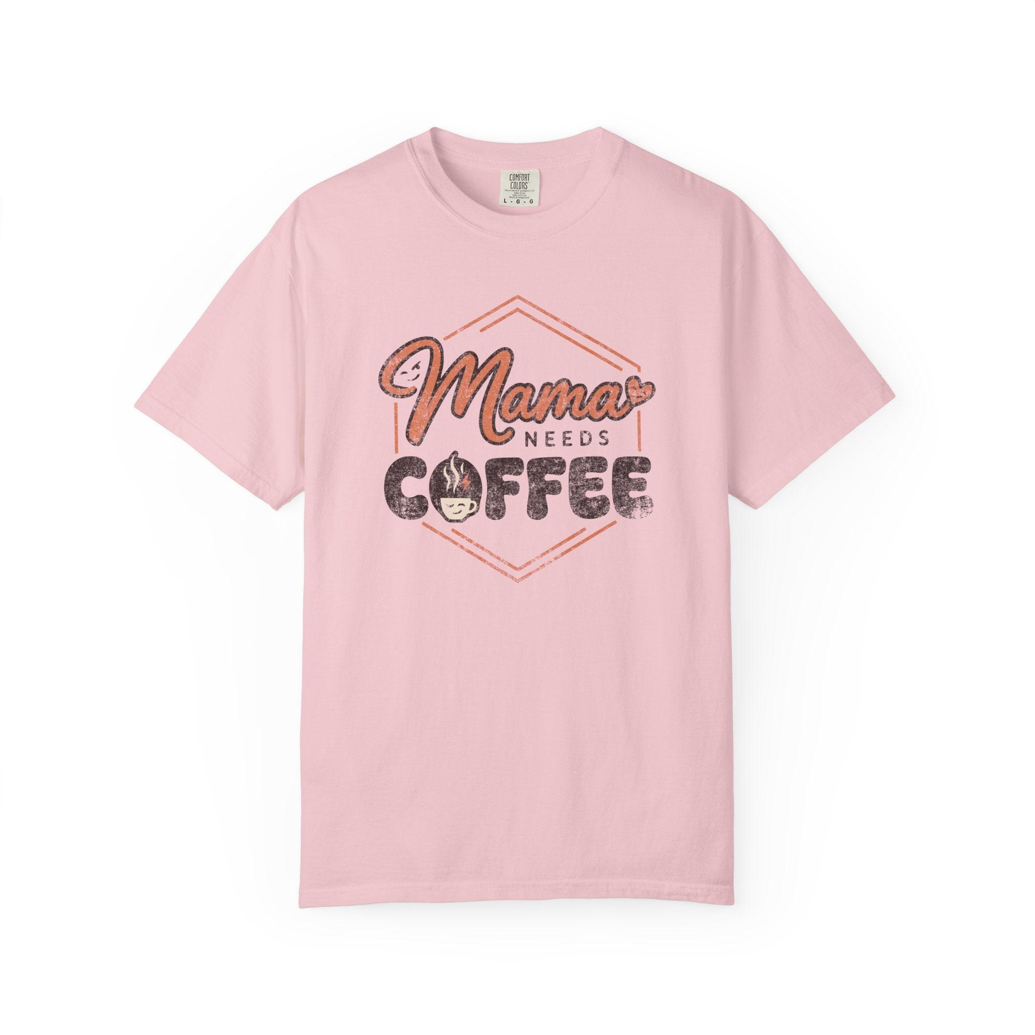 Light pink unisex t-shirt with a distressed graphic that says Mama Needs Coffee.