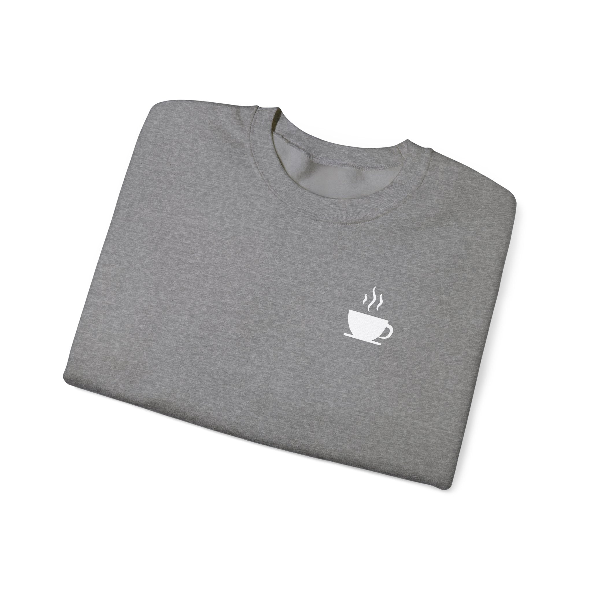 A gray crewneck sweatshirt featuring a small white steaming coffee cup icon on the chest.