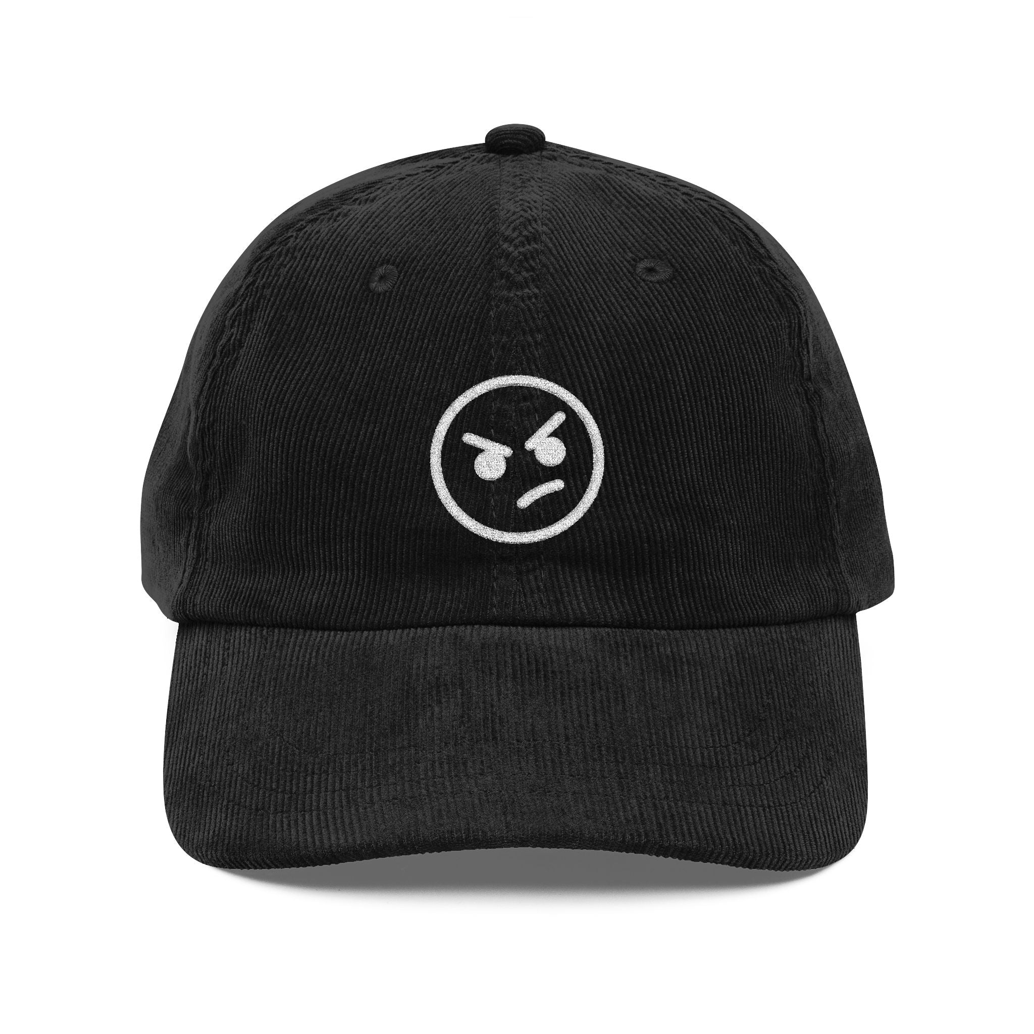 A black corduroy dad hat featuring an embroidered white angry face icon on the front.