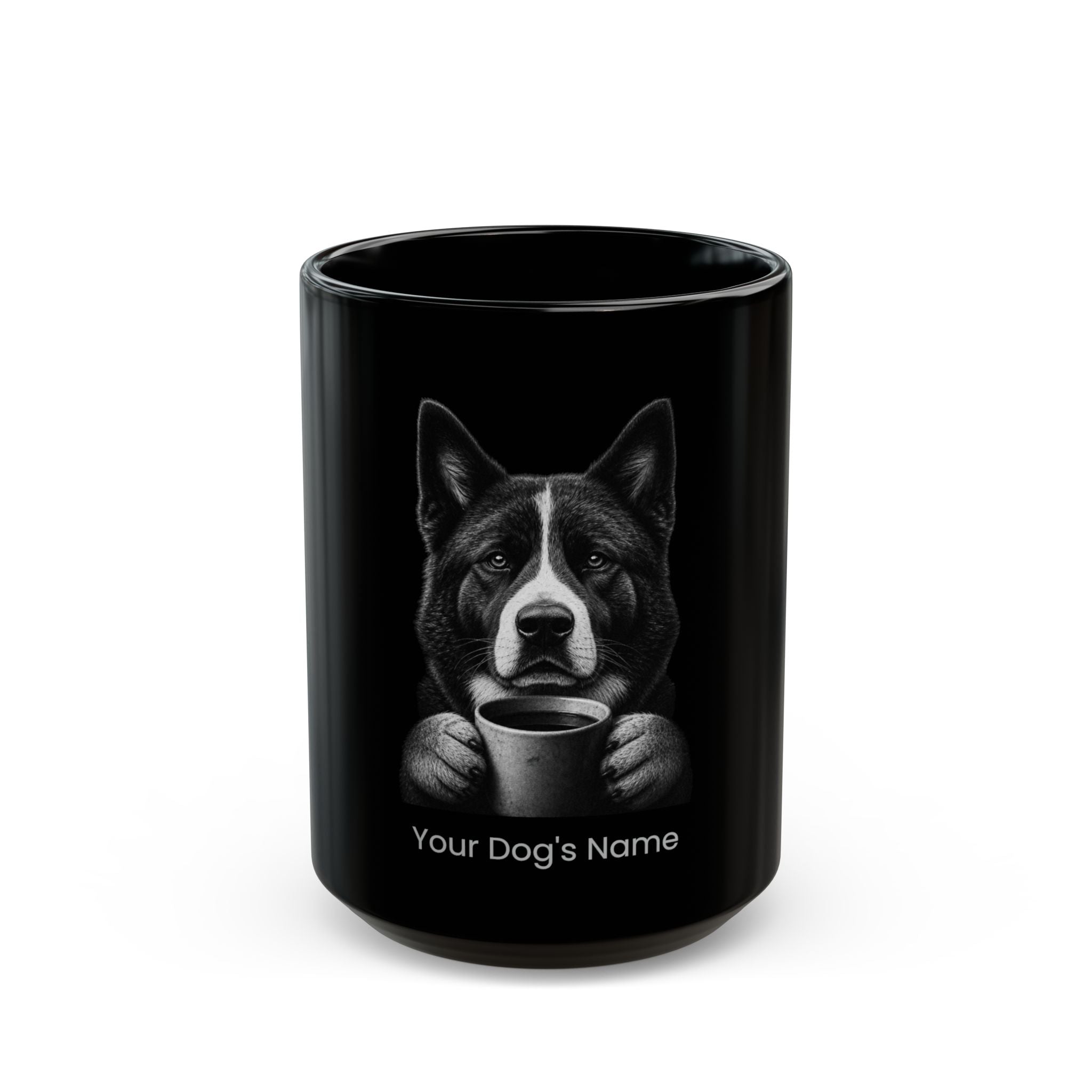 Personalized American Akita black ceramic coffee mug with custom dog name