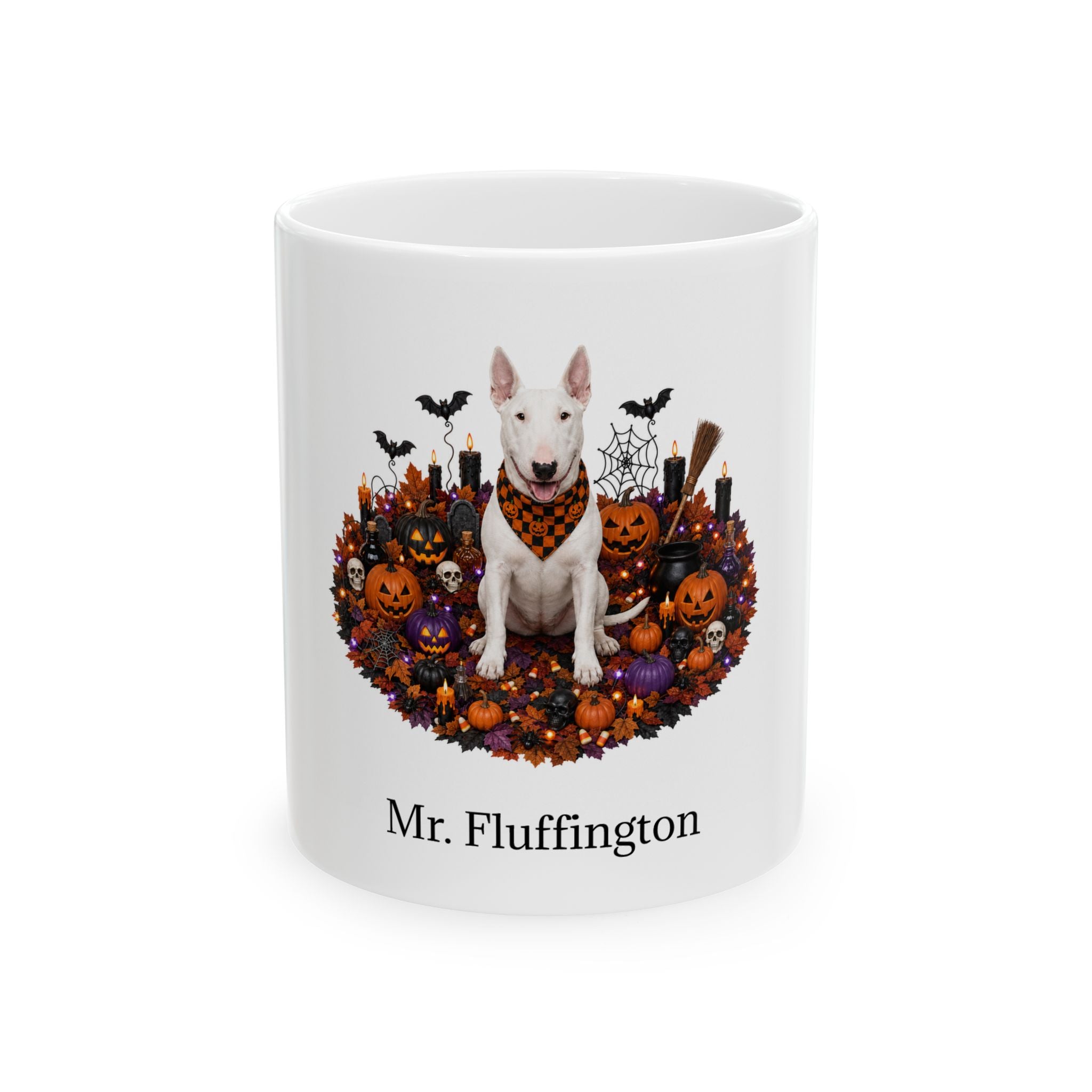 Personalized Bull Terrier Dog Mug – Custom Pet Name Halloween Gift