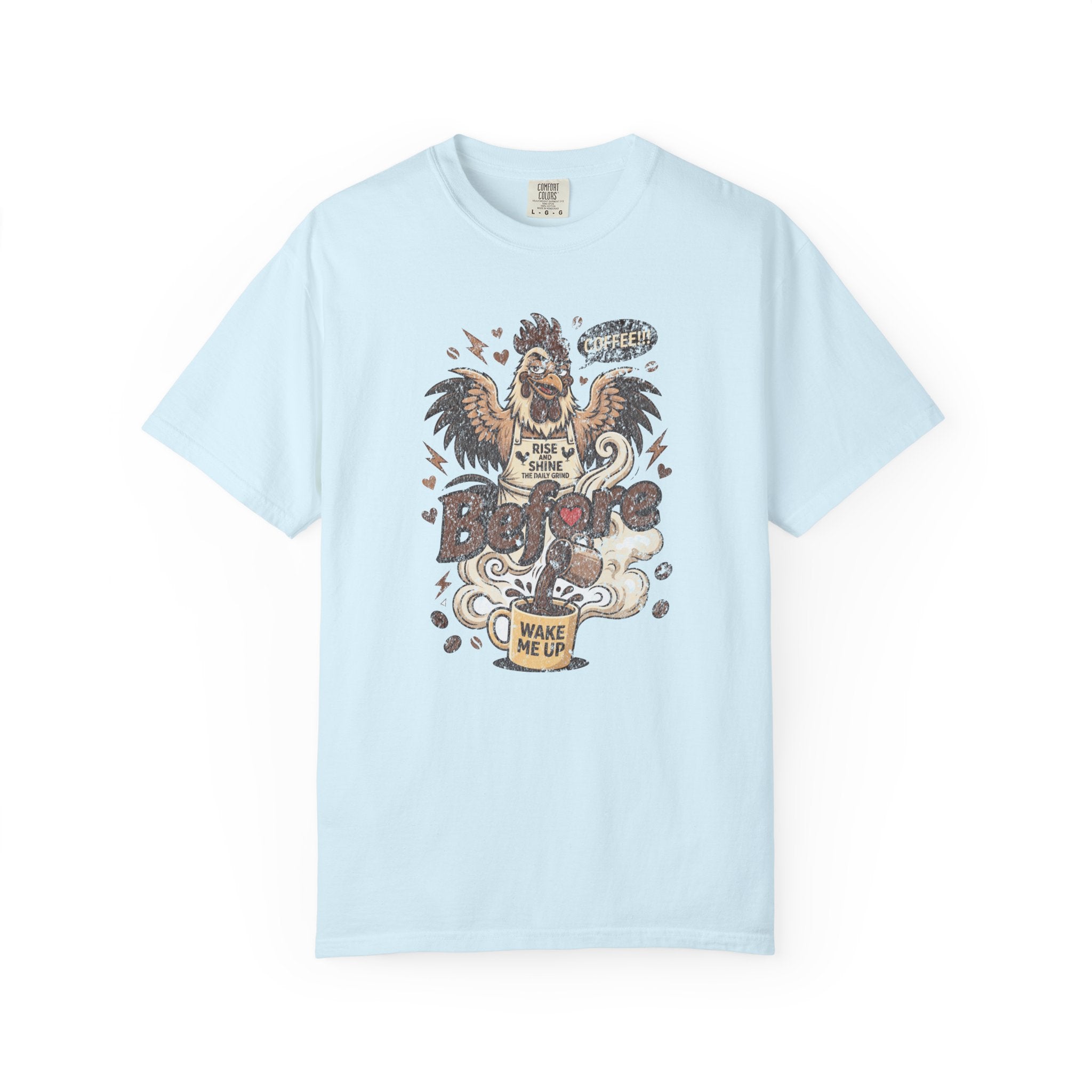 Light blue unisex cotton t-shirt with a distressed graphic of a rooster pouring coffee.