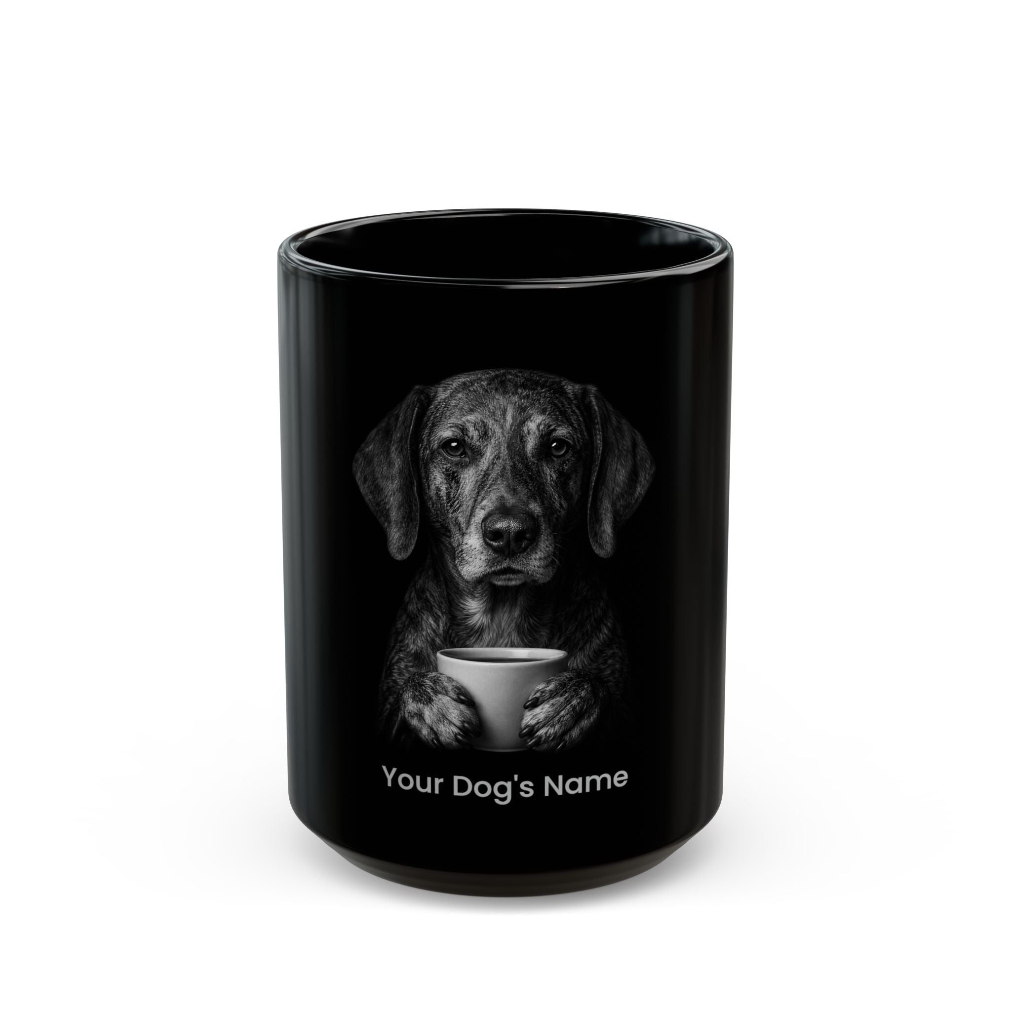 Personalized Treeing Tennessee Brindle black ceramic coffee mug with custom dog name