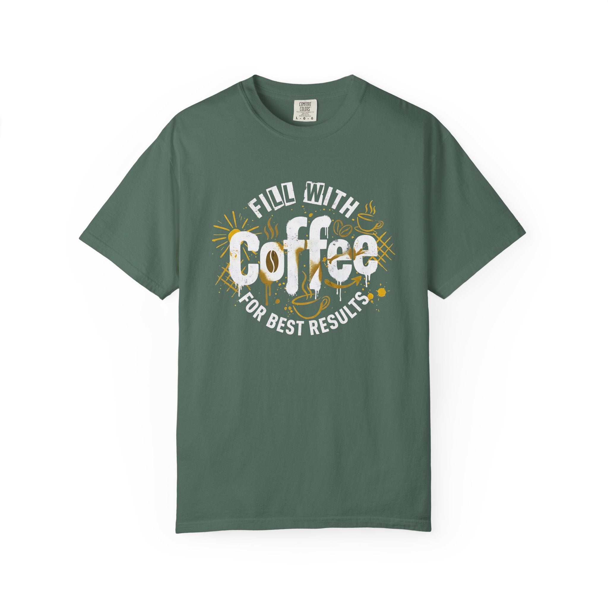 A dark green garment-dyed cotton t-shirt featuring a retro coffee-themed graphic on the chest.