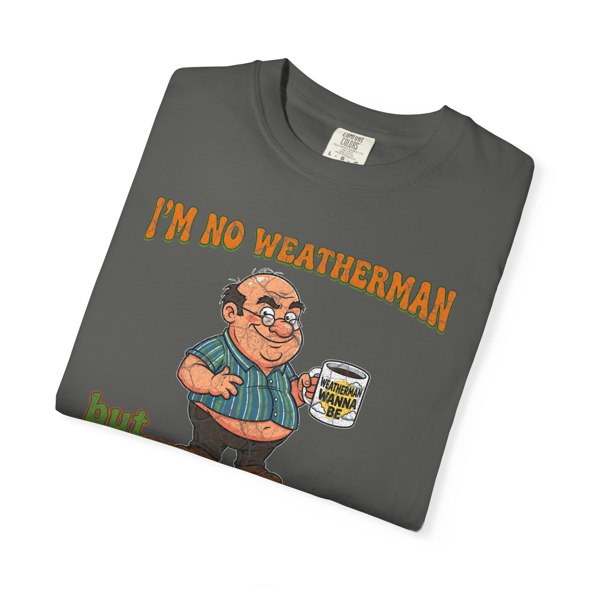A grey unisex cotton t-shirt featuring a distressed cartoon print of a man holding a coffee mug.