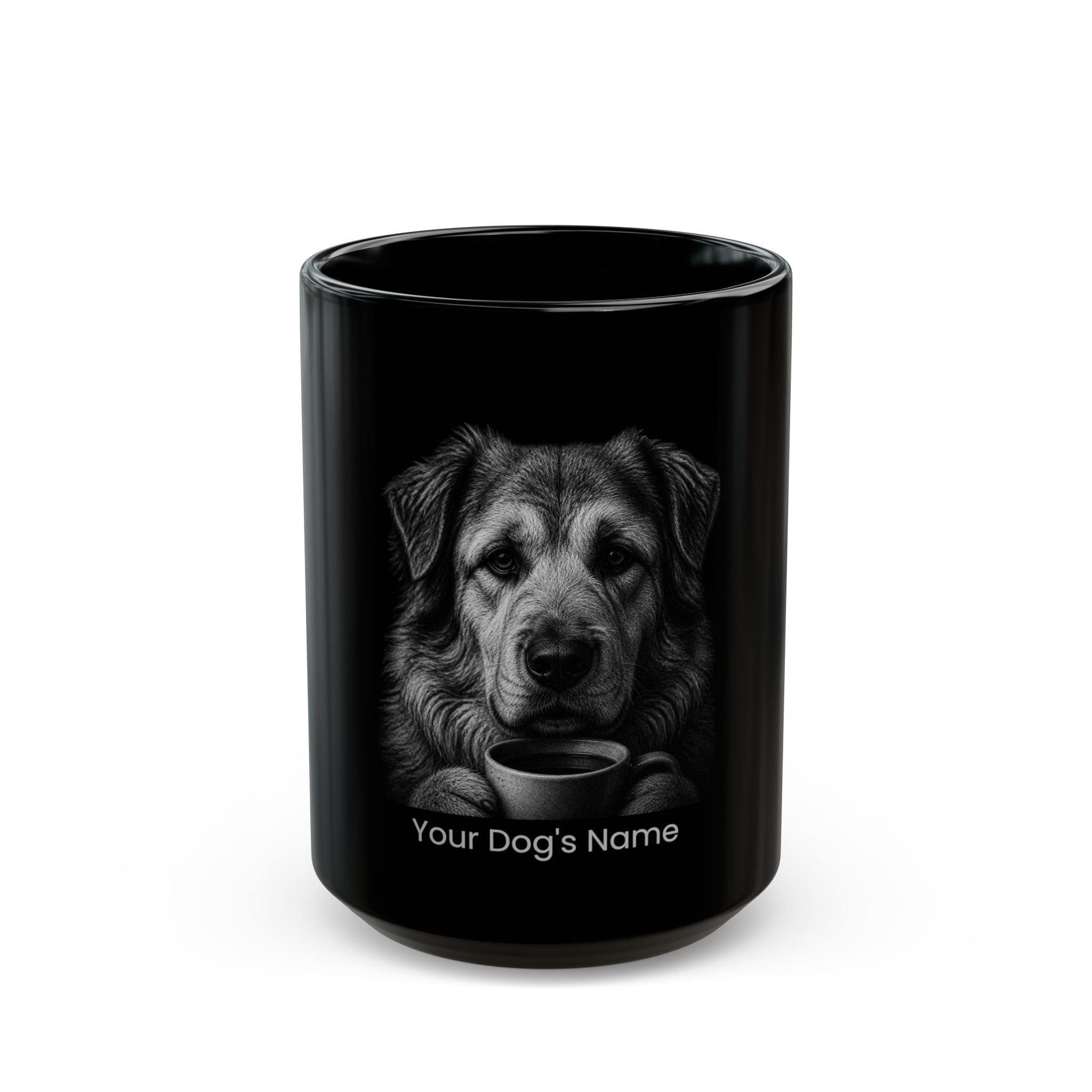 Personalized Caucasian Shepherd black ceramic coffee mug with custom dog name