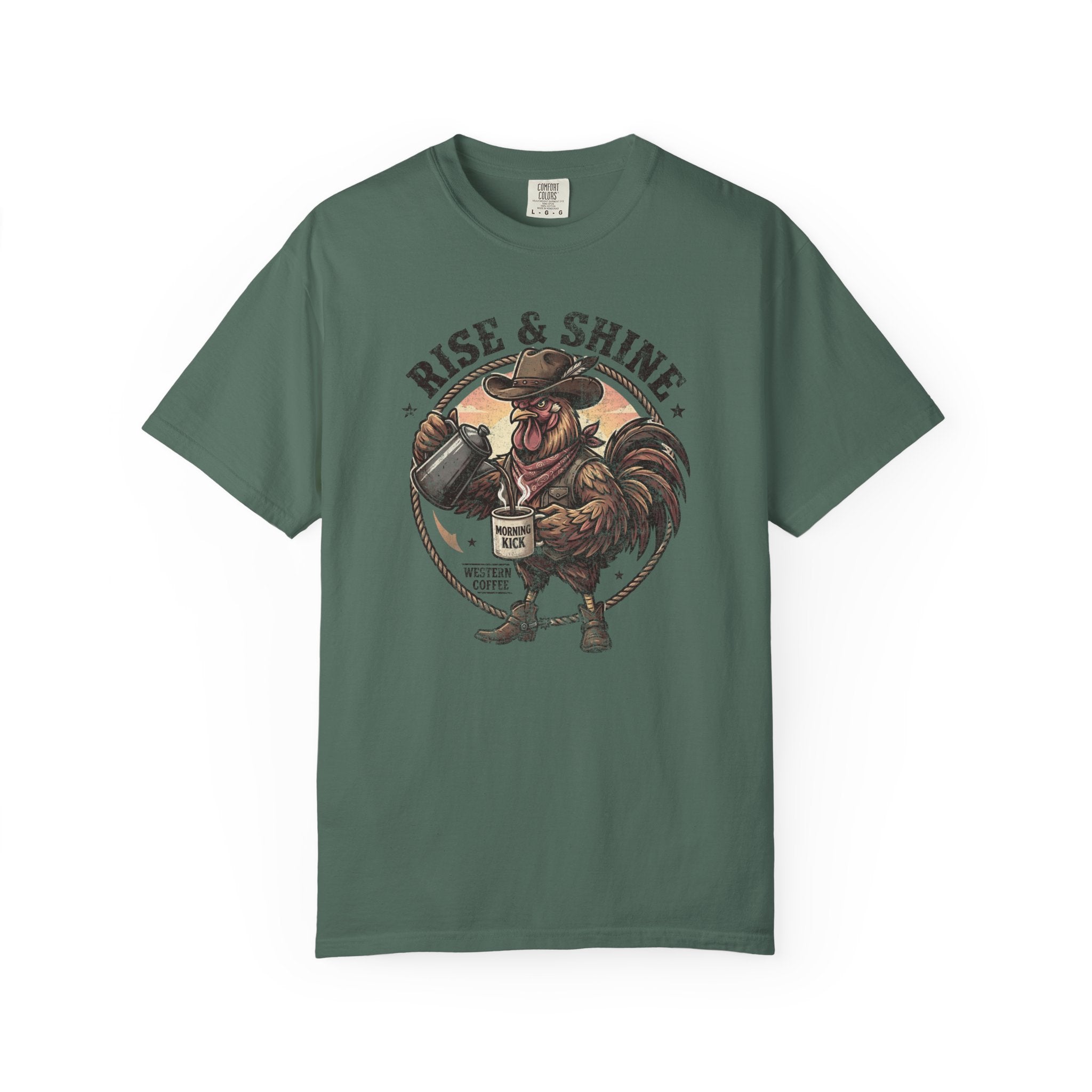 Green t-shirt featuring a graphic of a cowboy rooster pouring coffee with the text Rise & Shine.