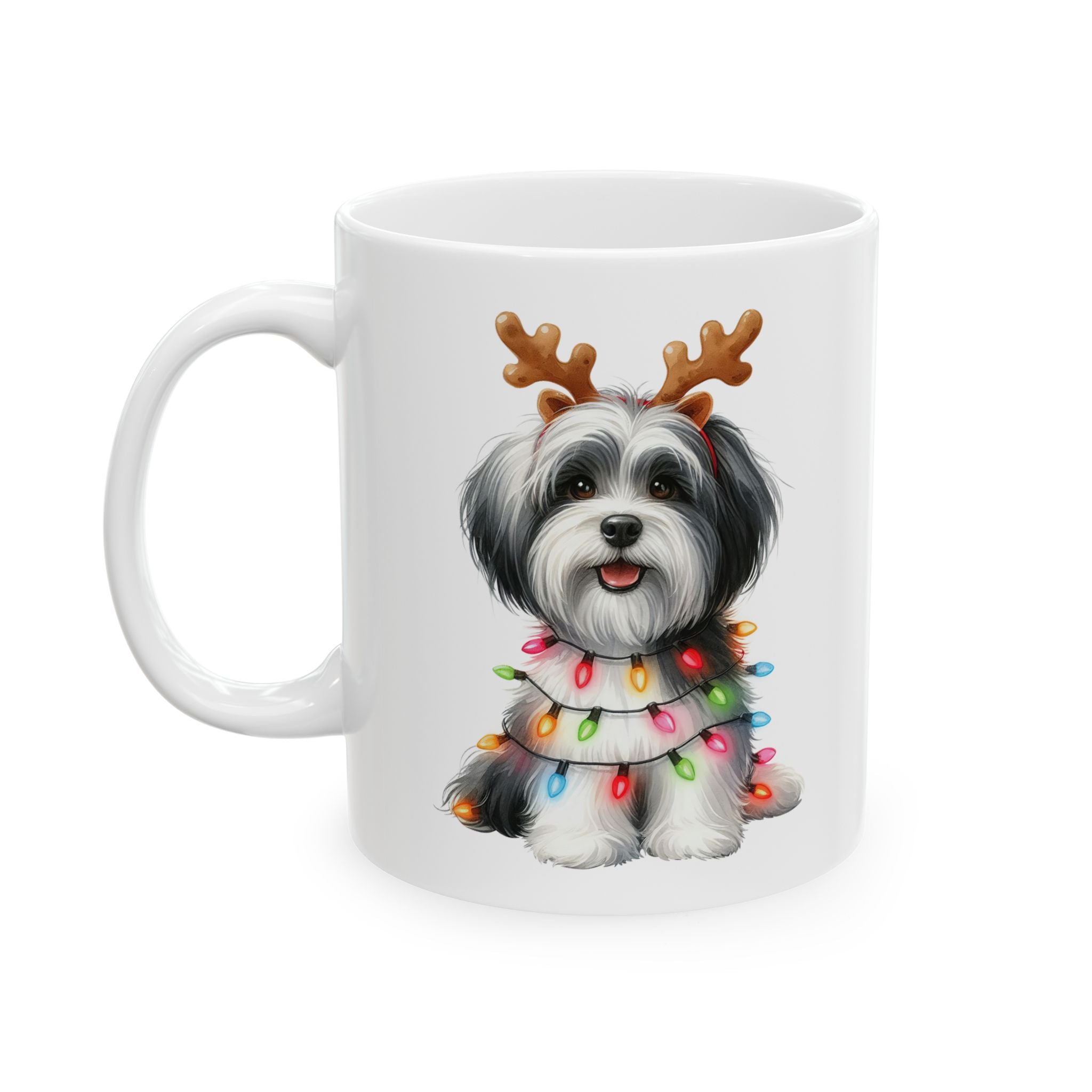 White ceramic mug with a Havanese dog wearing reindeer antlers and Christmas lights.
