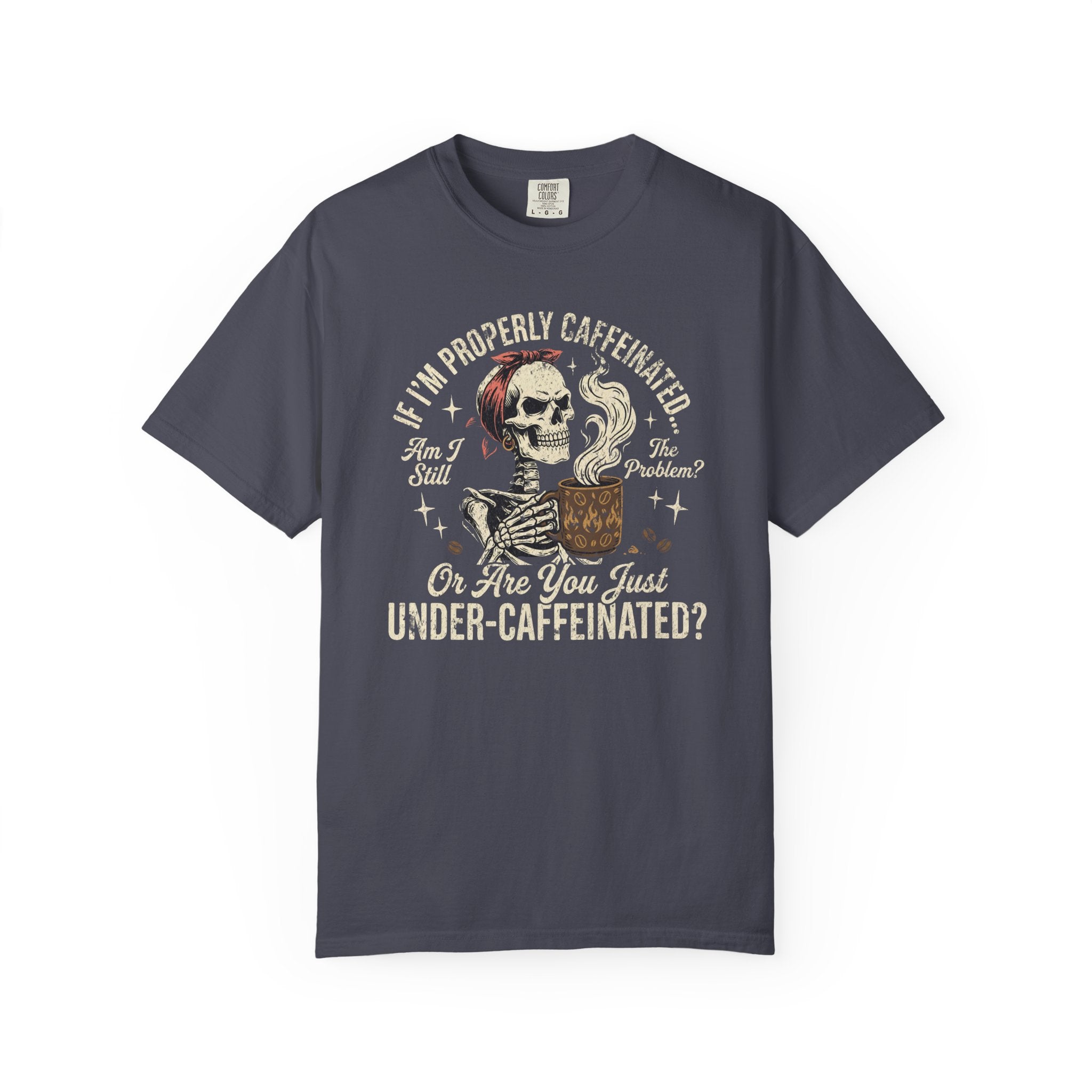 Dark grey t-shirt featuring a skeleton wearing a red headband and holding a steaming coffee mug.