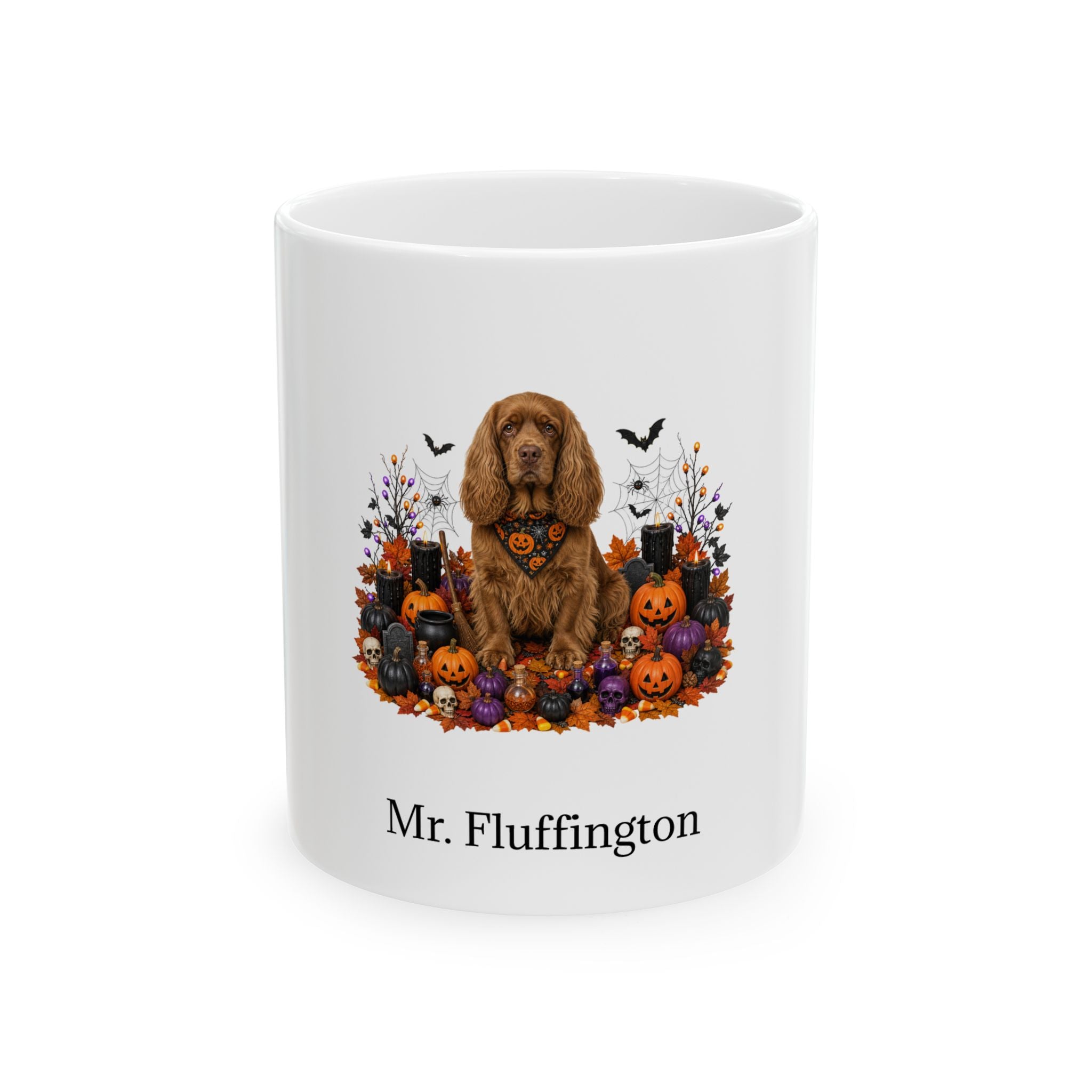 Personalized Sussex Spaniel dog Halloween mug, 11oz white ceramic, with custom pet name on front