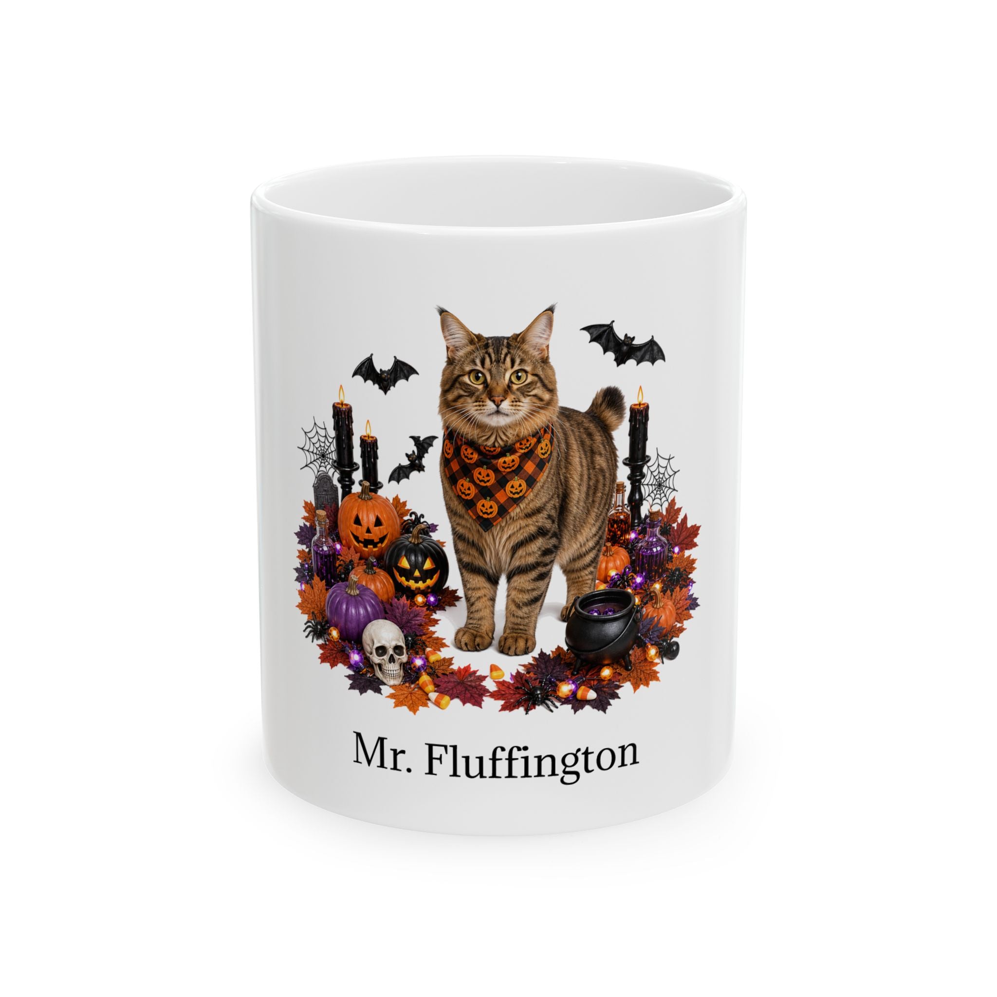 Personalized American Bobtail cat ceramic coffee mug with Halloween artwork and custom name — image 2