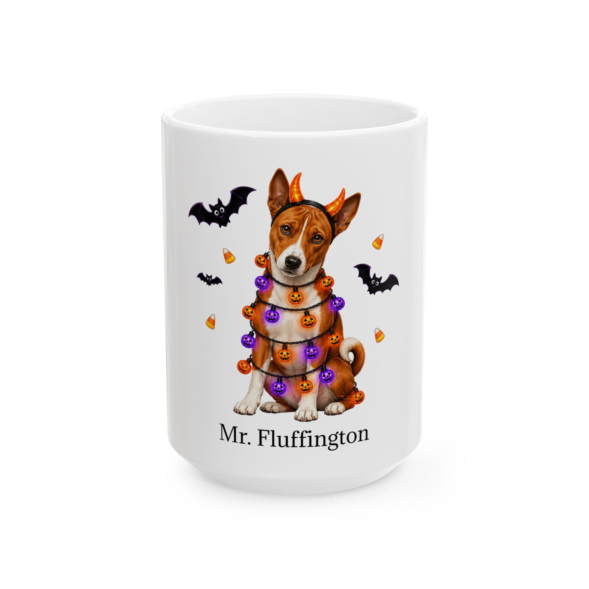 Angled Basenji dog Halloween mug with personalized pet name and fall design — image 3