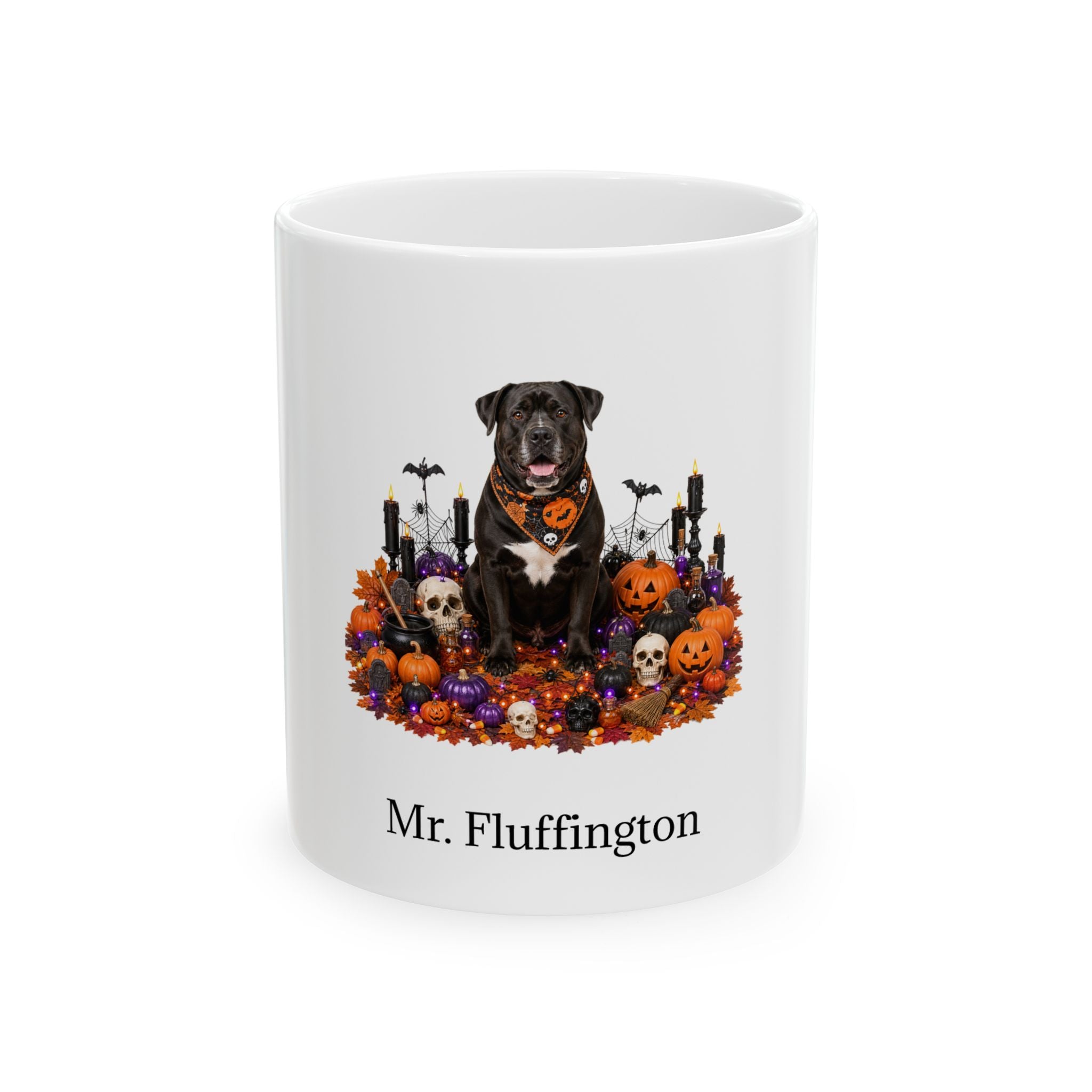 Personalized Labrador Bulldog Halloween mug, 11oz white ceramic, with custom pet name on front