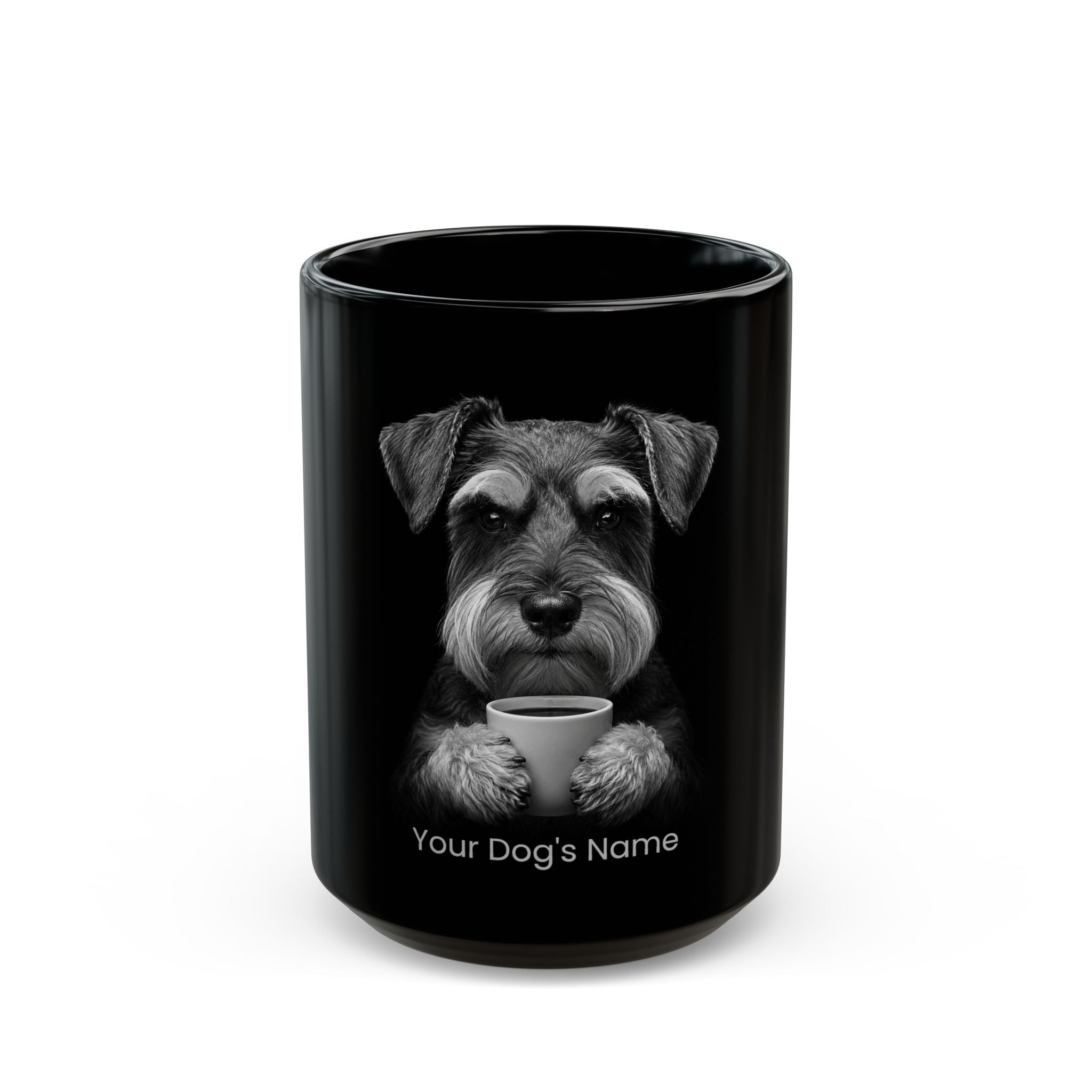 Personalized Schnauzer black ceramic coffee mug with custom dog name