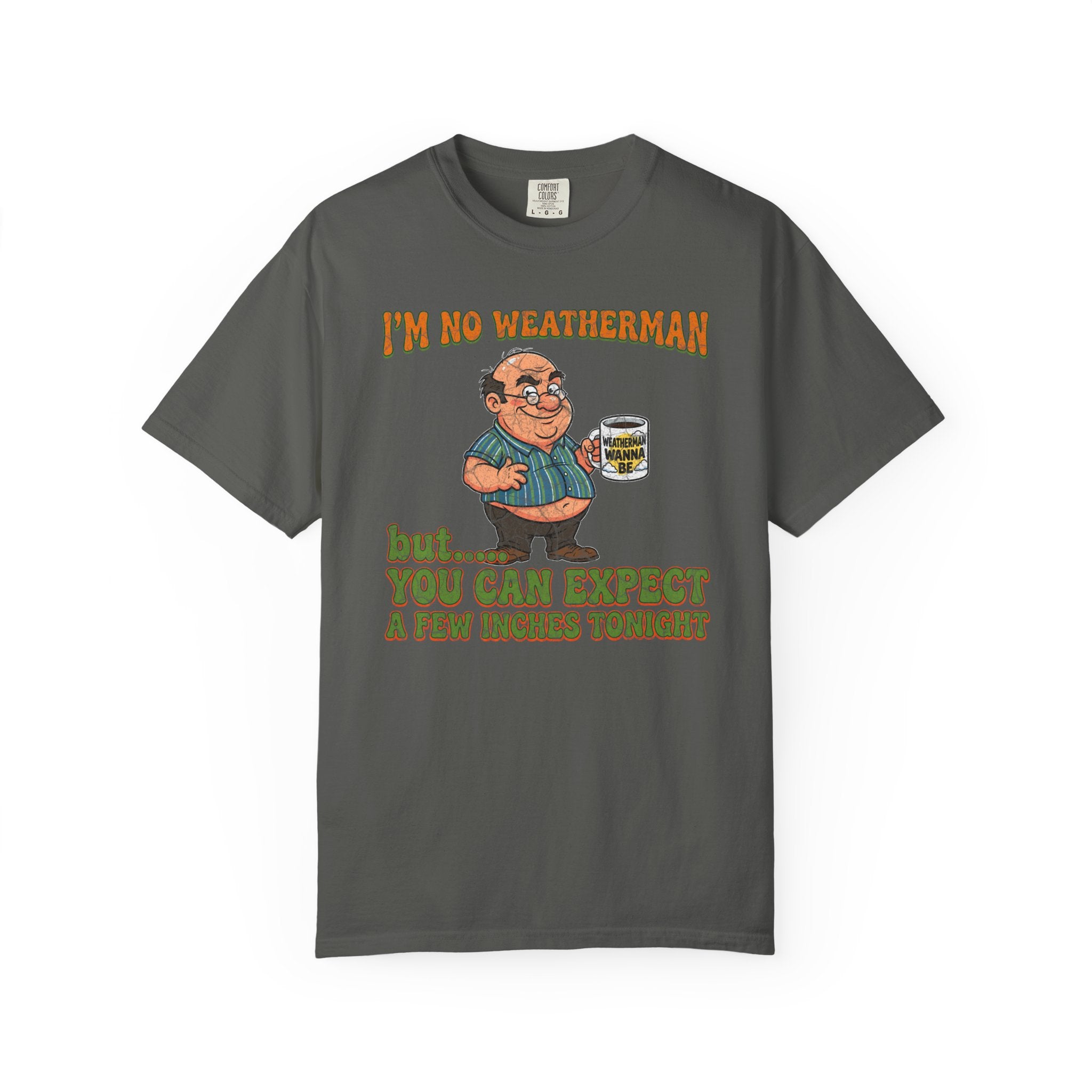 Charcoal grey unisex t-shirt featuring a cartoon man holding a mug with a funny weatherman quote.