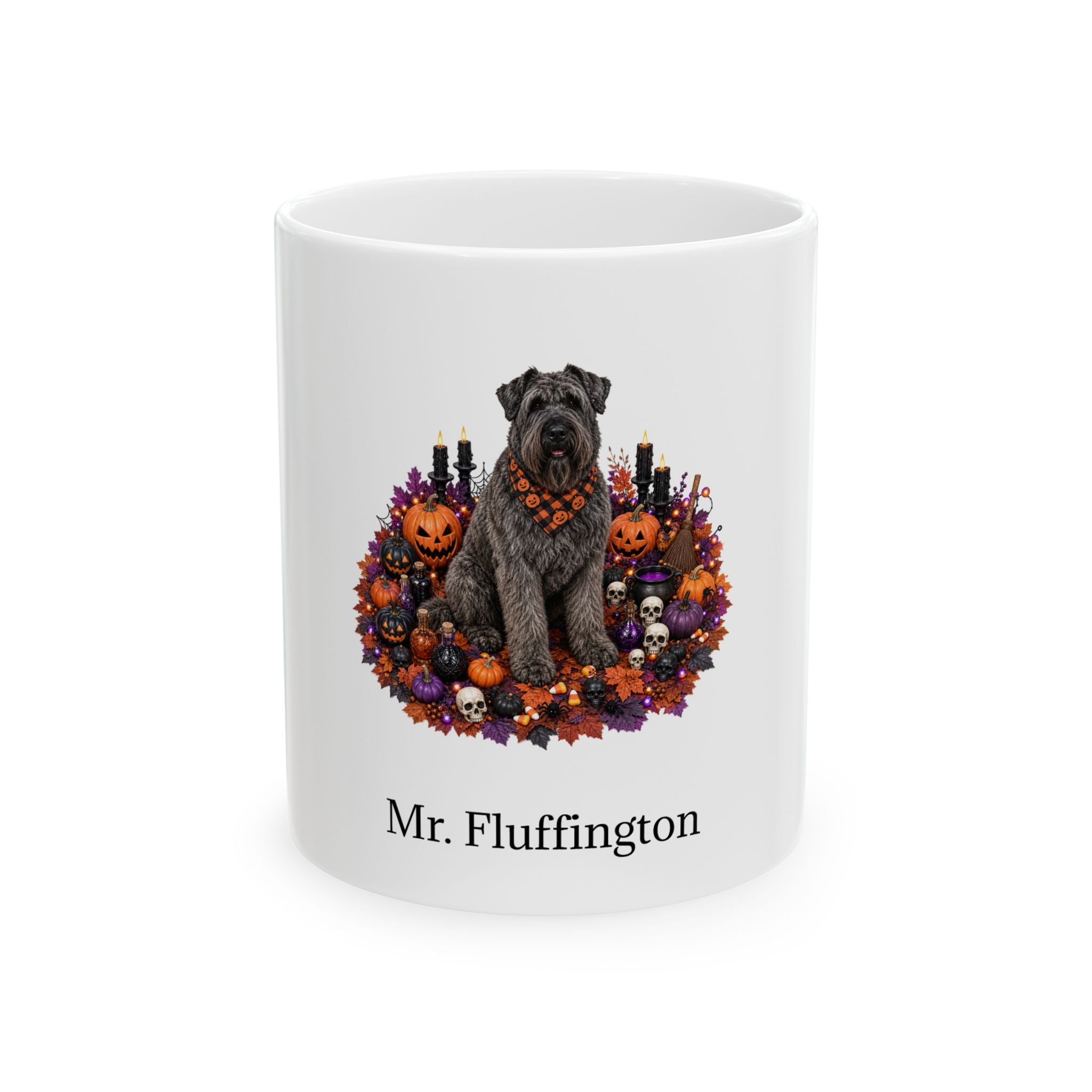 Personalized Bouvier des Flandres dog Halloween mug, 15oz white ceramic, with custom pet name on front