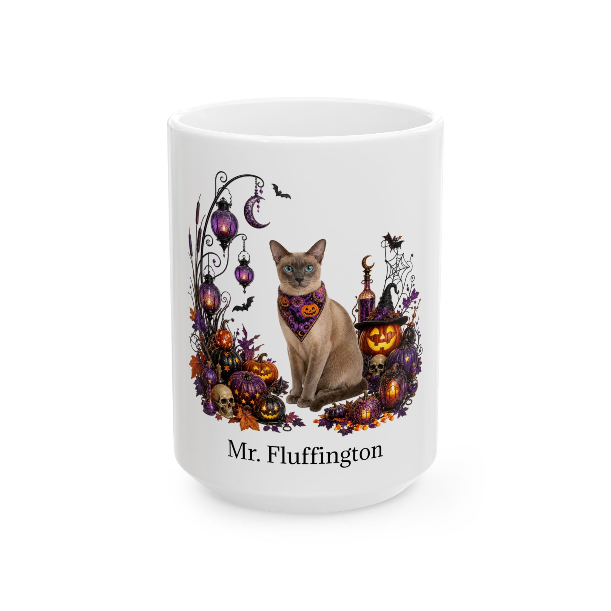 Angled Tonkinese cat Halloween mug with personalized pet name and fall design — image 3