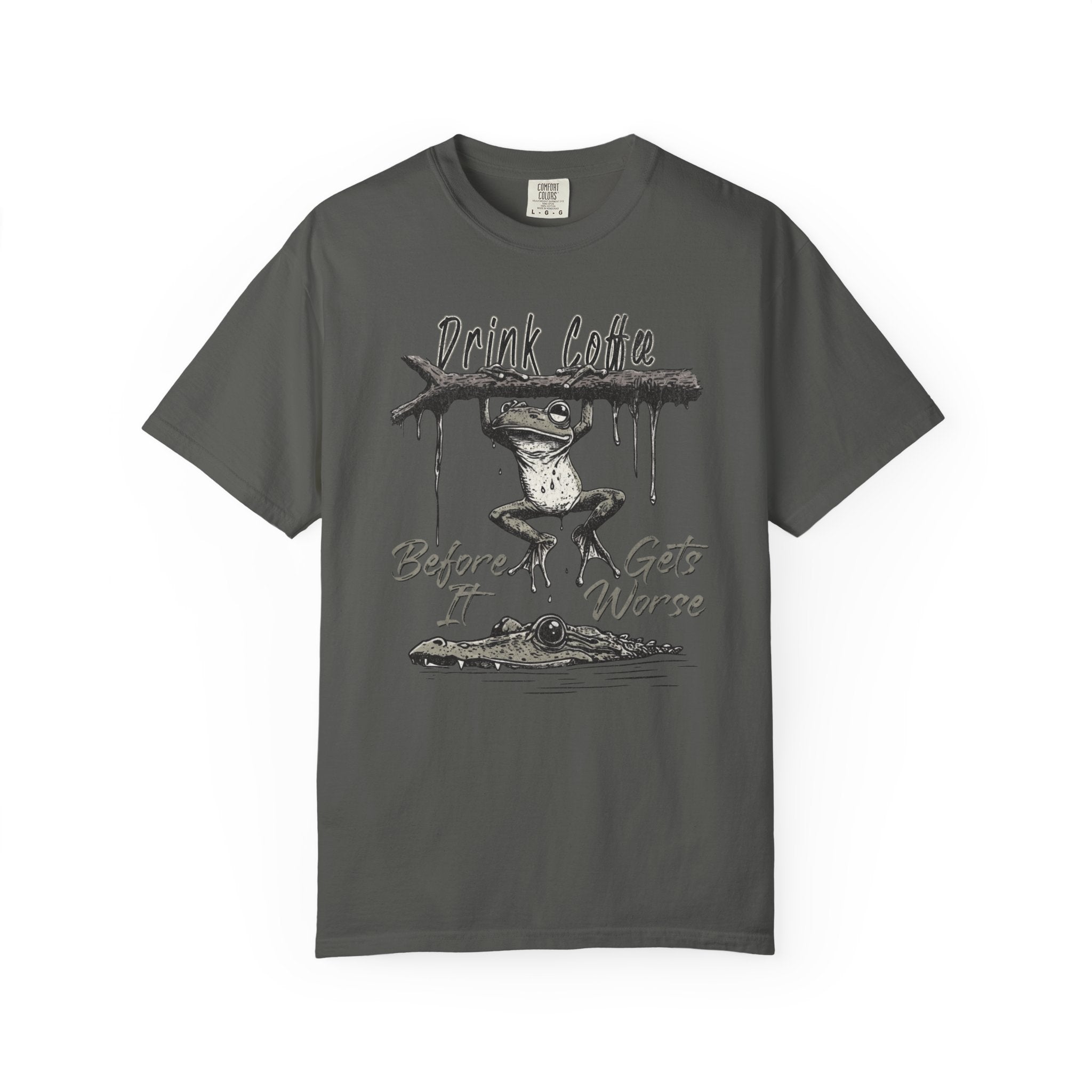 Charcoal grey unisex cotton t-shirt with a graphic of a frog hanging from a branch above a gator.
