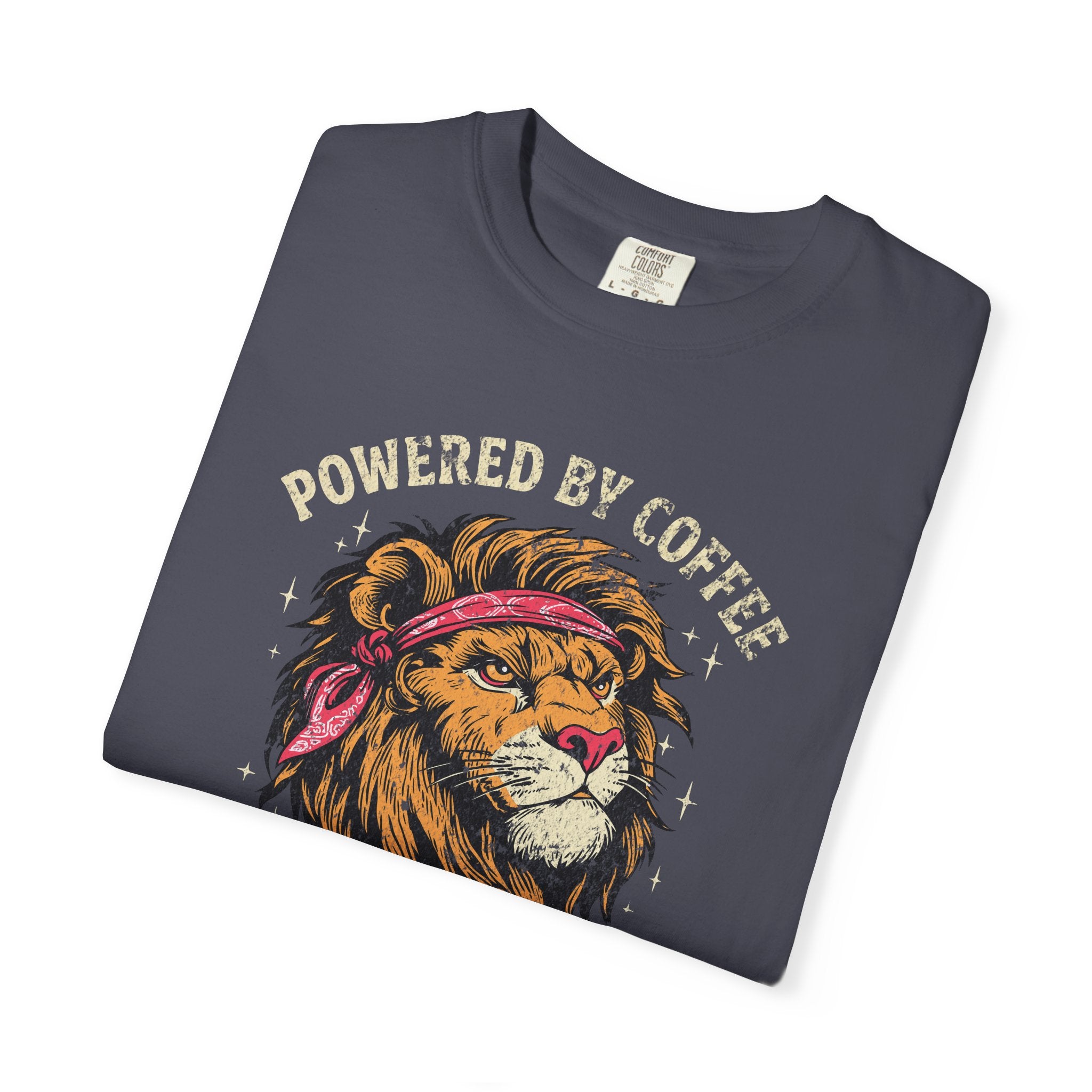 Dark grey t-shirt featuring a distressed graphic of a lion wearing a red bandana.