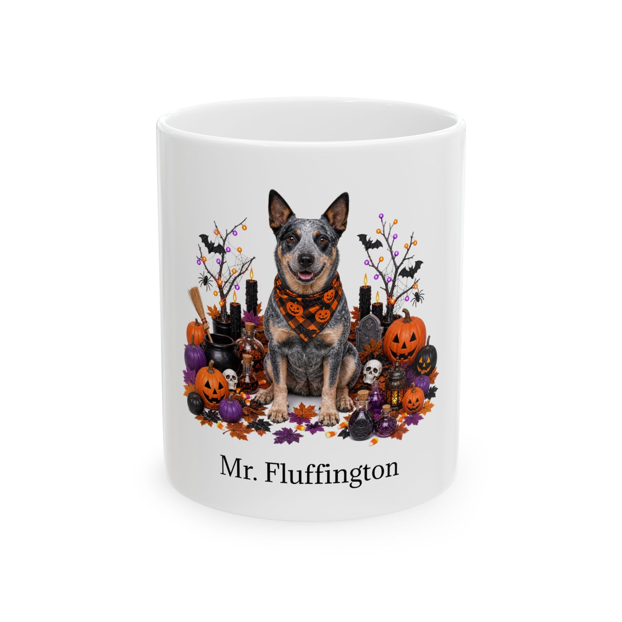 Personalized Australian Stumpy Tail Cattle Dog Halloween mug with custom dog name, front product view