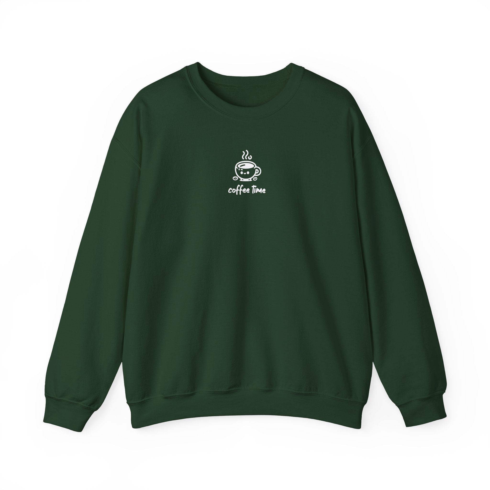 A dark green crewneck sweatshirt featuring a small white graphic of a smiling coffee cup.