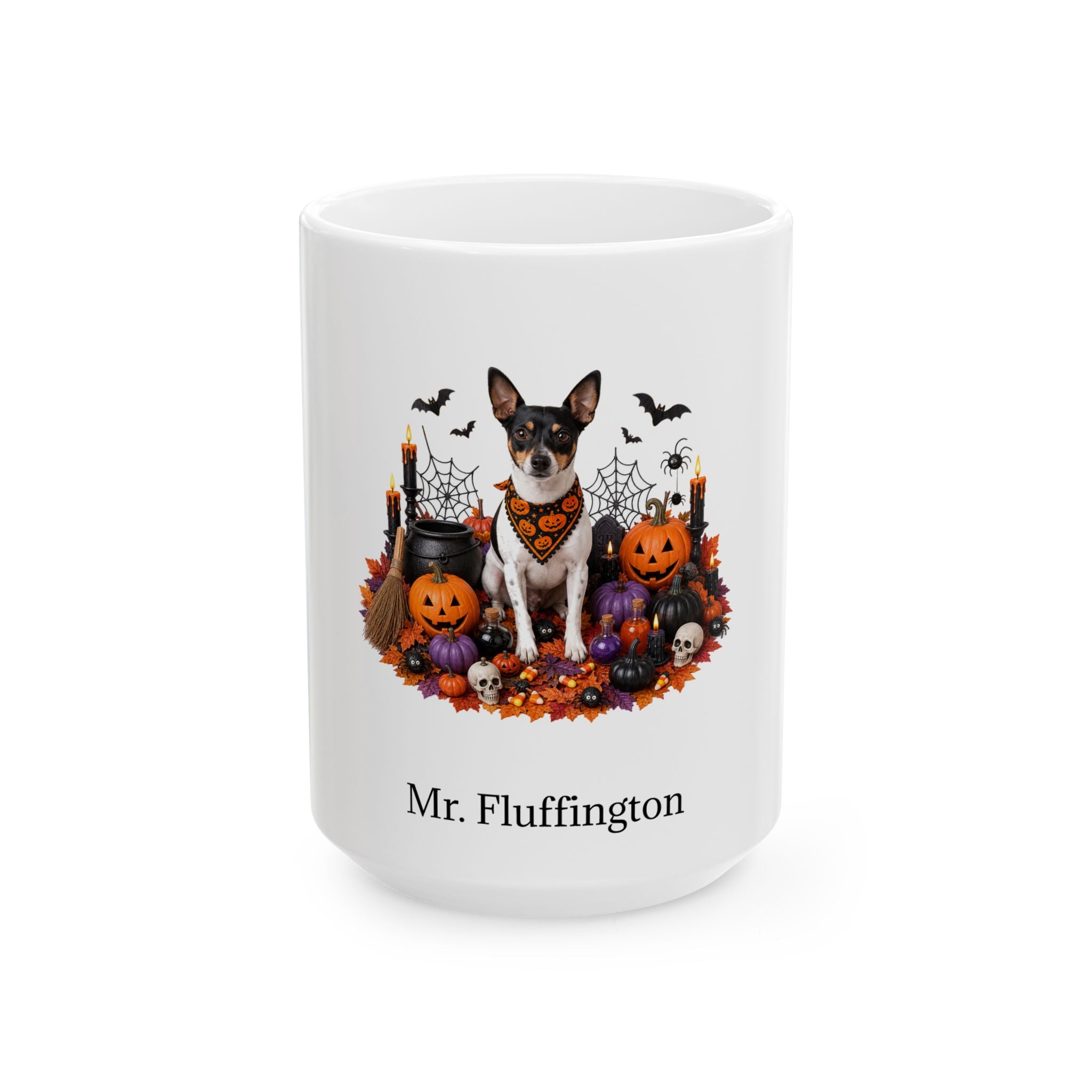 Personalized Rat Terrier dog Halloween mug, 15oz white ceramic, with custom pet name on front