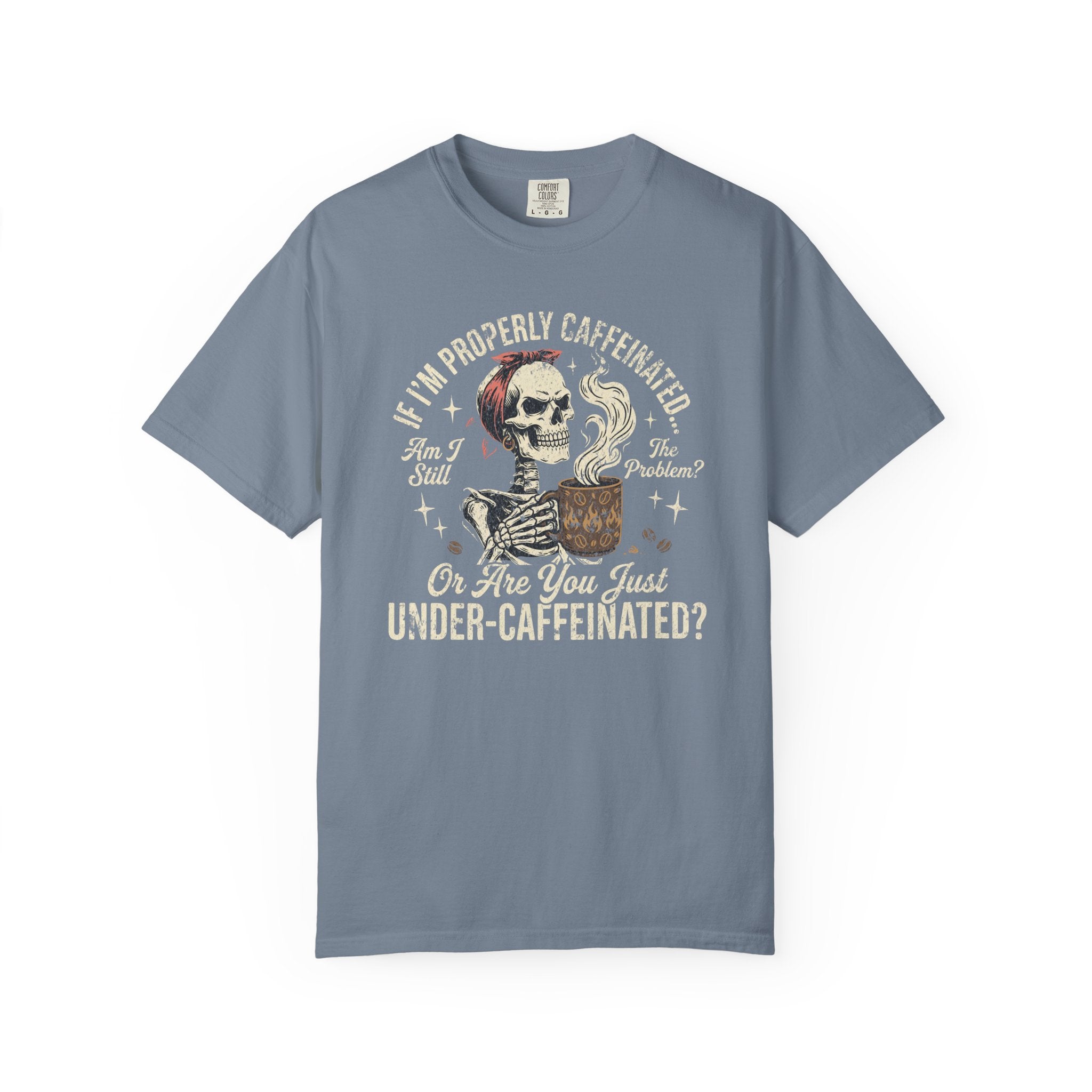 Blue cotton t-shirt featuring a graphic of a skeleton wearing a bandana and holding a coffee mug.