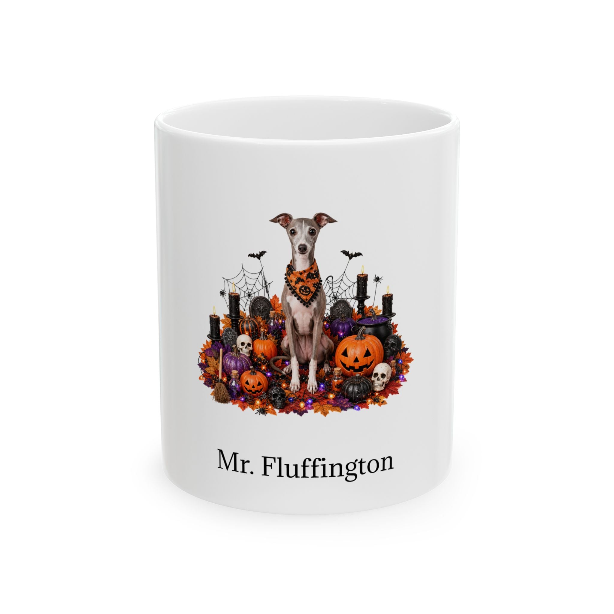Personalized Italian Greyhound dog Halloween mug, 11oz white ceramic, with custom pet name on front