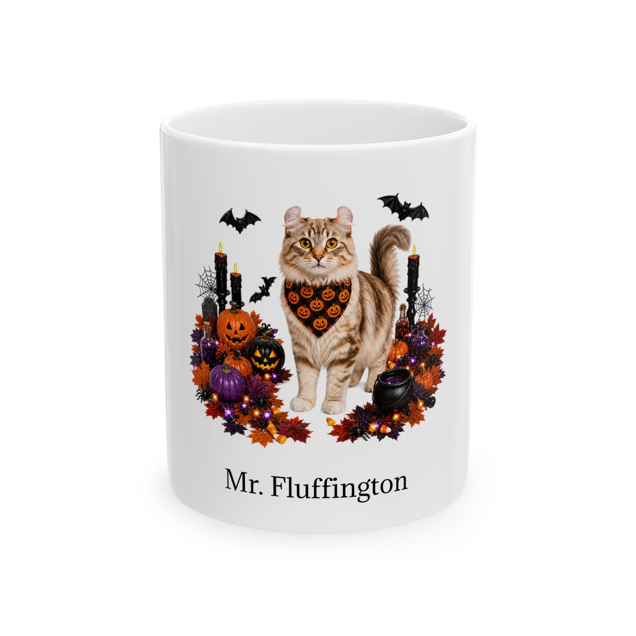 Personalized American Curl cat ceramic coffee mug with Halloween artwork and custom name — image 2