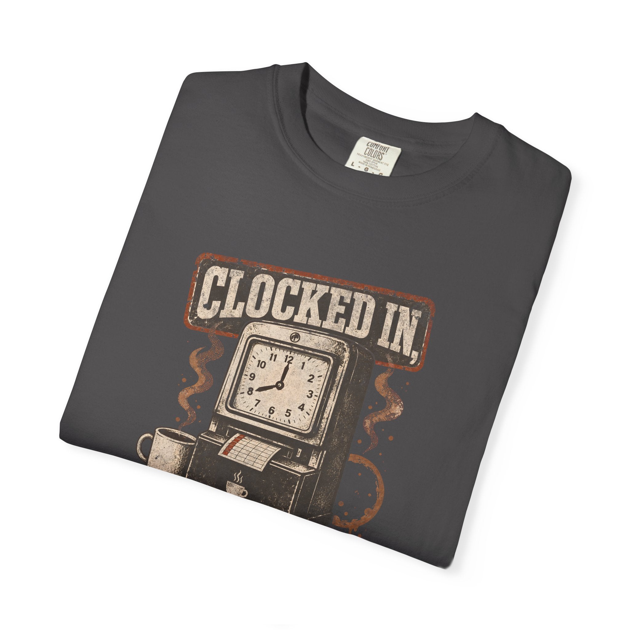 Dark grey Comfort Colors t-shirt featuring a vintage clock and coffee graphic with Clocked In text.