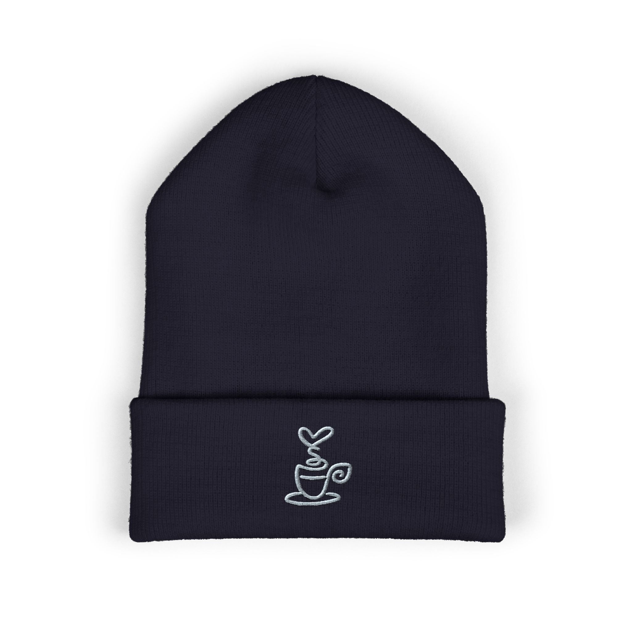 Embroidered coffee cup cuffed beanie in dark blue.