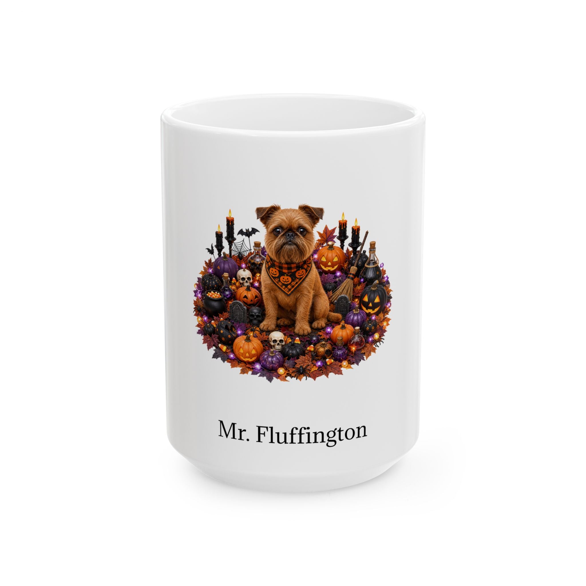 Personalized Brussels Griffon dog Halloween mug, 11oz white ceramic, with custom pet name on front
