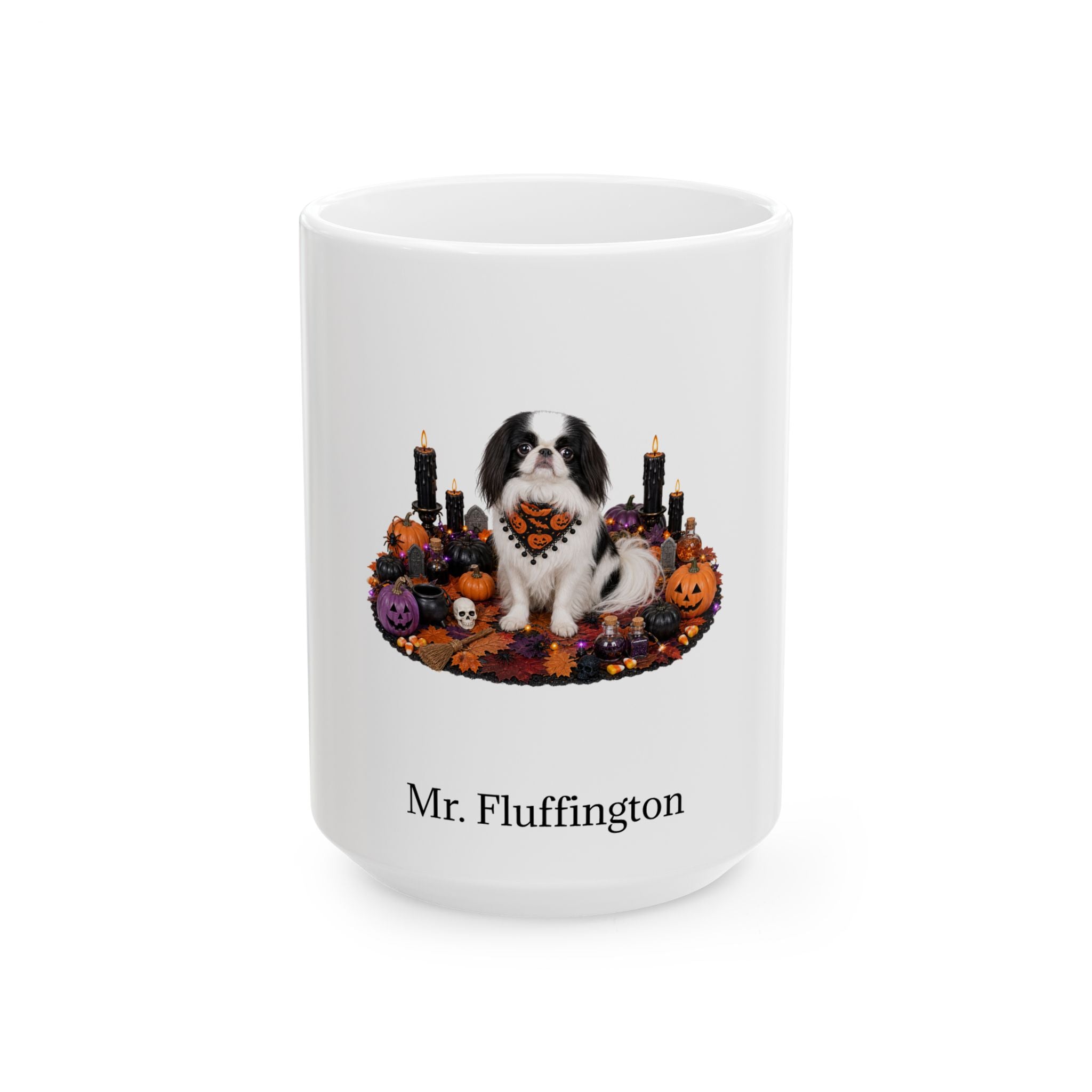 Personalized Japanese Chin dog Halloween mug, 15oz white ceramic, with custom pet name on front