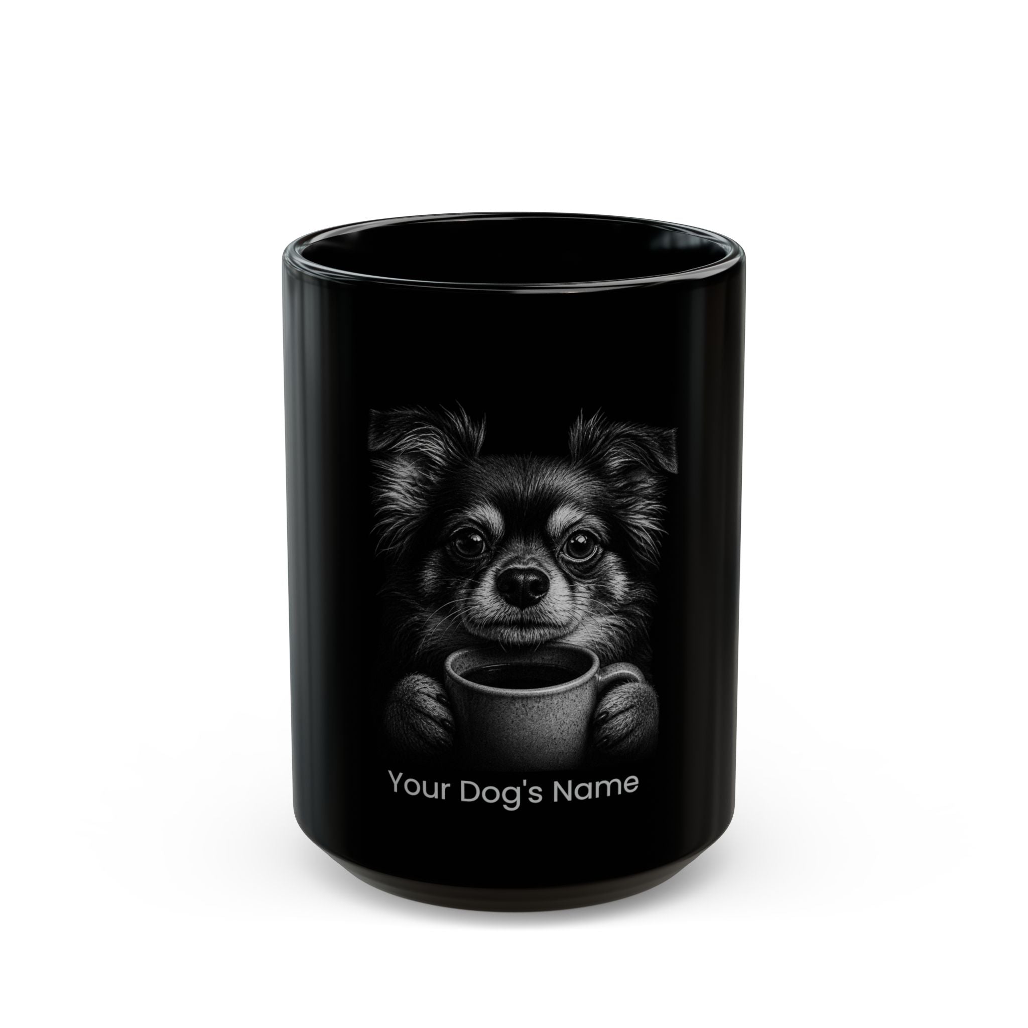 Personalized Mi-Ki black ceramic coffee mug with custom dog name